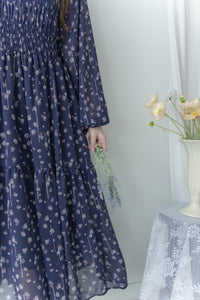 [Style 6] Midnight Starry Floral Dress 深藍繁星小V領顯瘦橡筋連身裙/ DS1070（優惠至 2月13日）