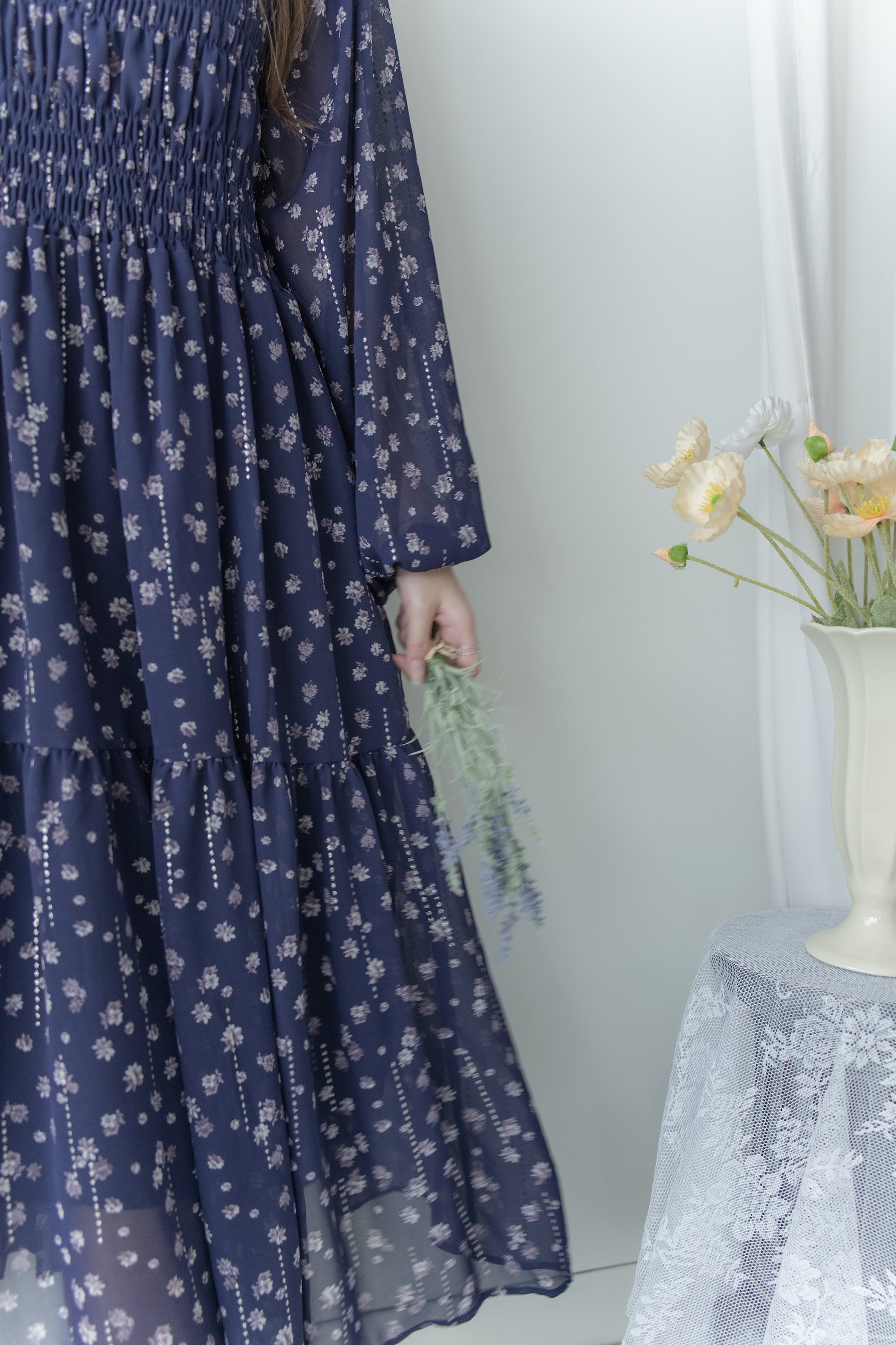 [Style 6] Midnight Starry Floral Dress 深藍繁星小V領顯瘦橡筋連身裙/ DS1070（優惠至 2月13日）