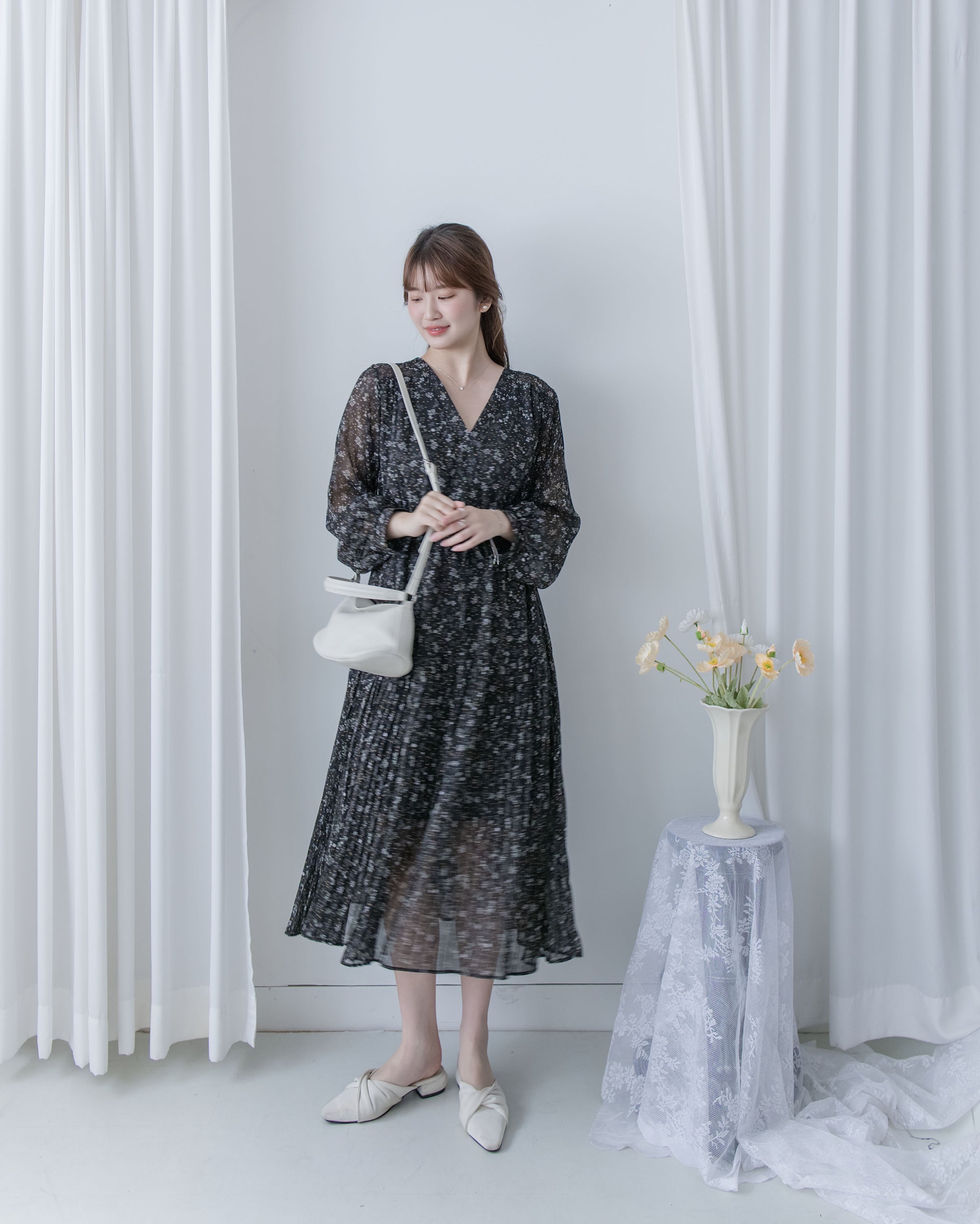 [Style 5] Dot Branches Dress 點點花枝印花雙層細褶質感連身裙/ DS1074（優惠至 2月13日）