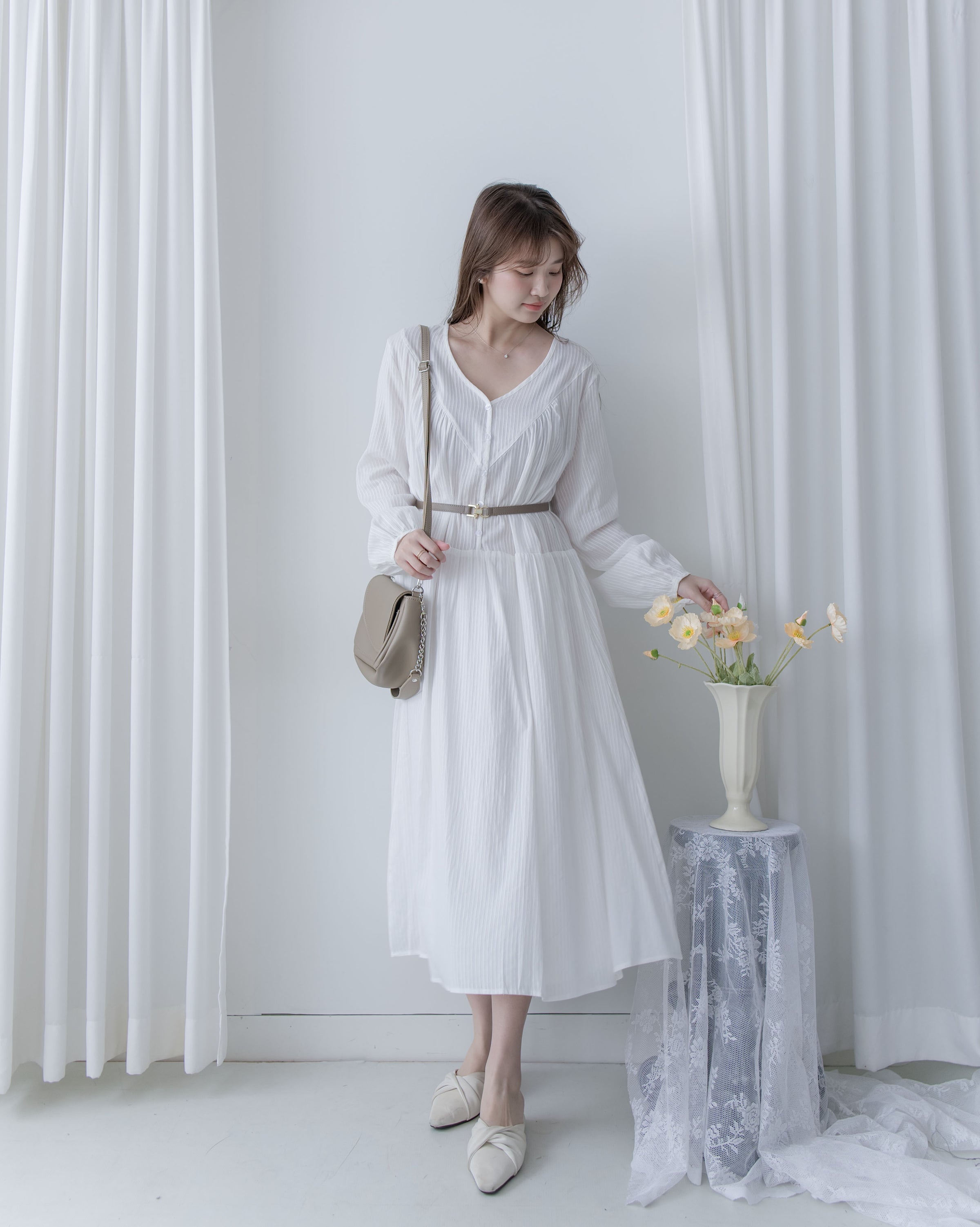 [Style 1] Stripe Cotton Lace Dress V領剪裁通花直紋長裙/ DS1071（優惠至 2月13日）