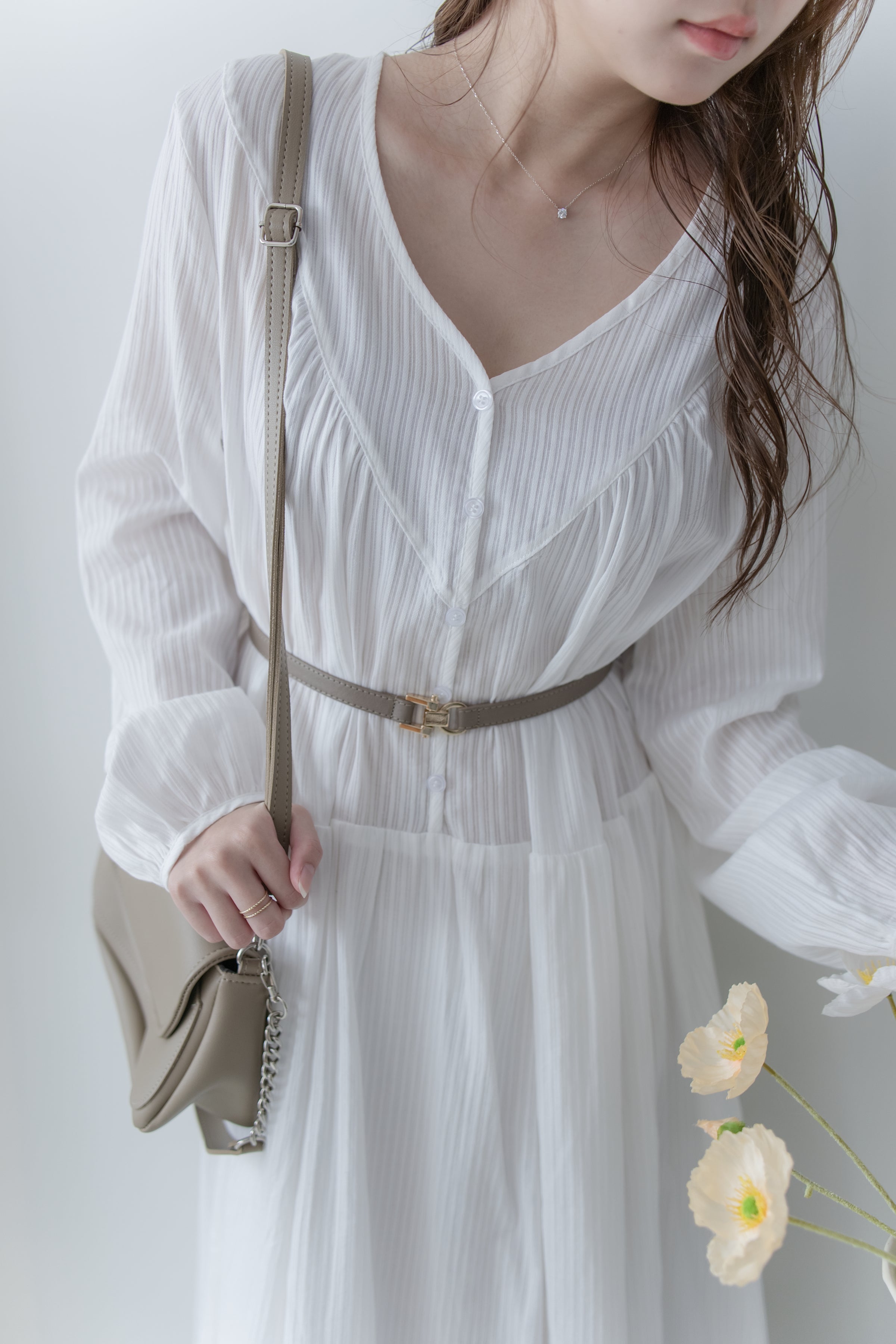 [Style 1] Stripe Cotton Lace Dress V領剪裁通花直紋長裙/ DS1071（優惠至 2月13日）