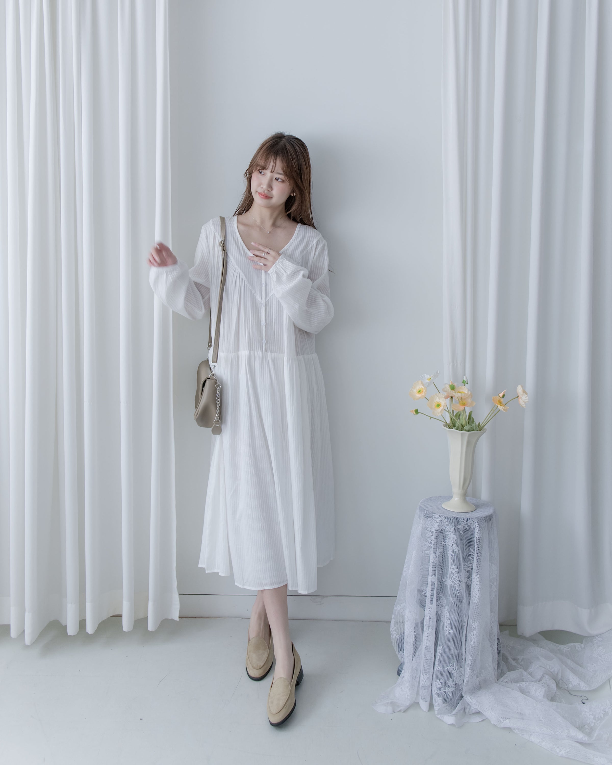 [Style 1] Stripe Cotton Lace Dress V領剪裁通花直紋長裙/ DS1071（優惠至 2月13日）