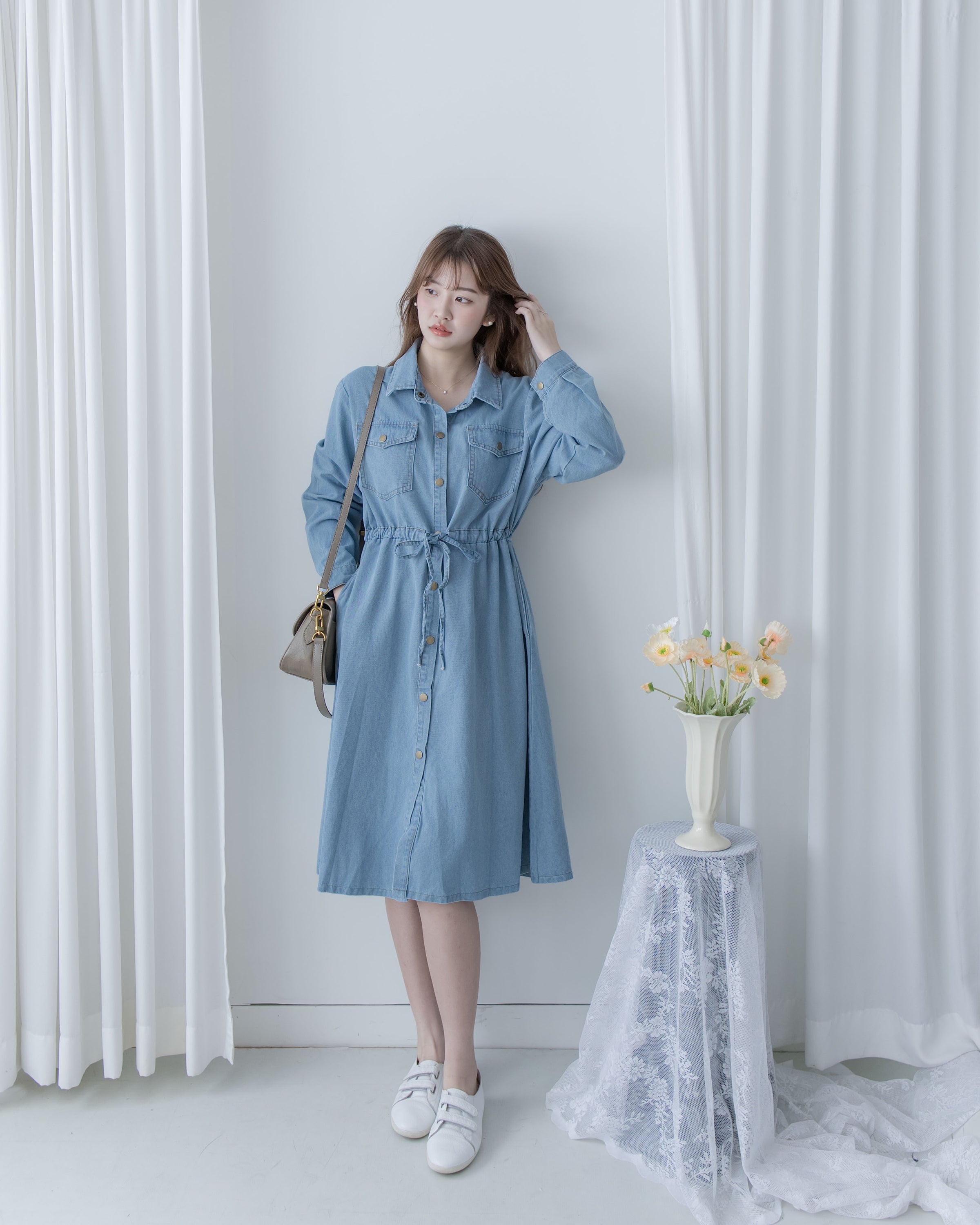 [Style 2] Denim Dress 質感鉑鈕束腰口袋牛仔長裙/ DS1076 （優惠至 2月13日）