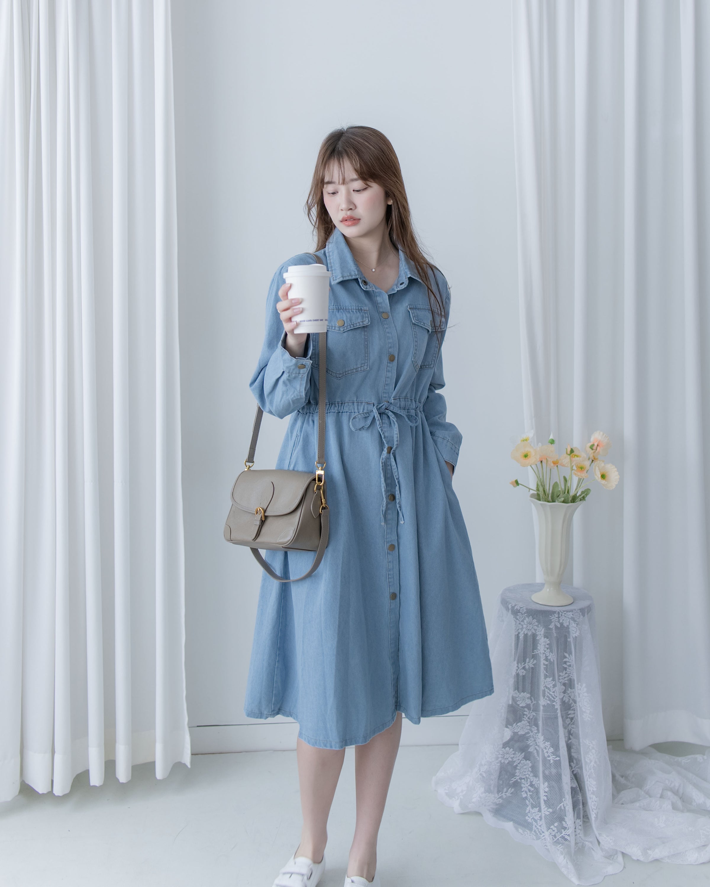 [Style 2] Denim Dress 質感鉑鈕束腰口袋牛仔長裙/ DS1076 （優惠至 2月13日）