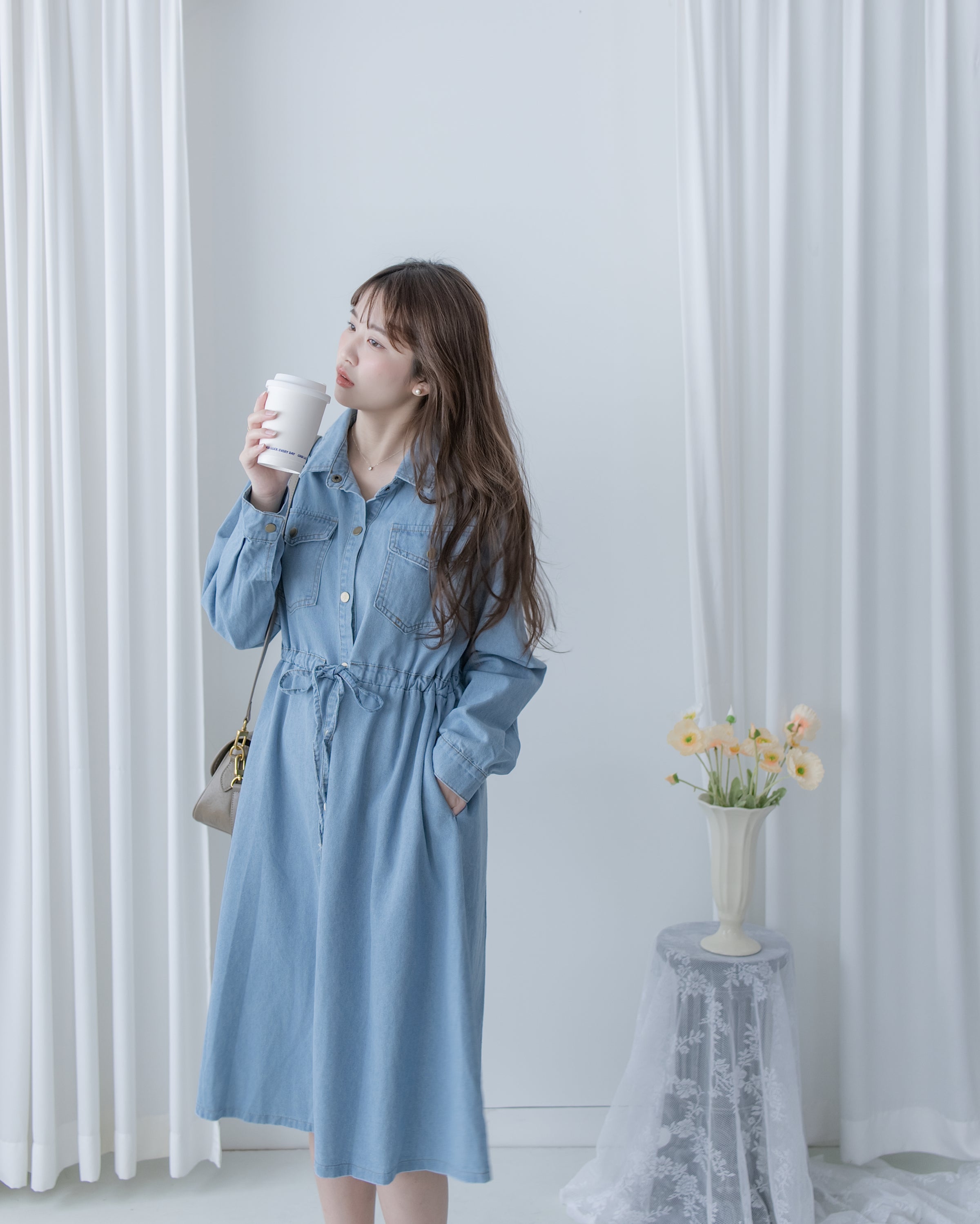 [Style 2] Denim Dress 質感鉑鈕束腰口袋牛仔長裙/ DS1076 （優惠至 2月13日）