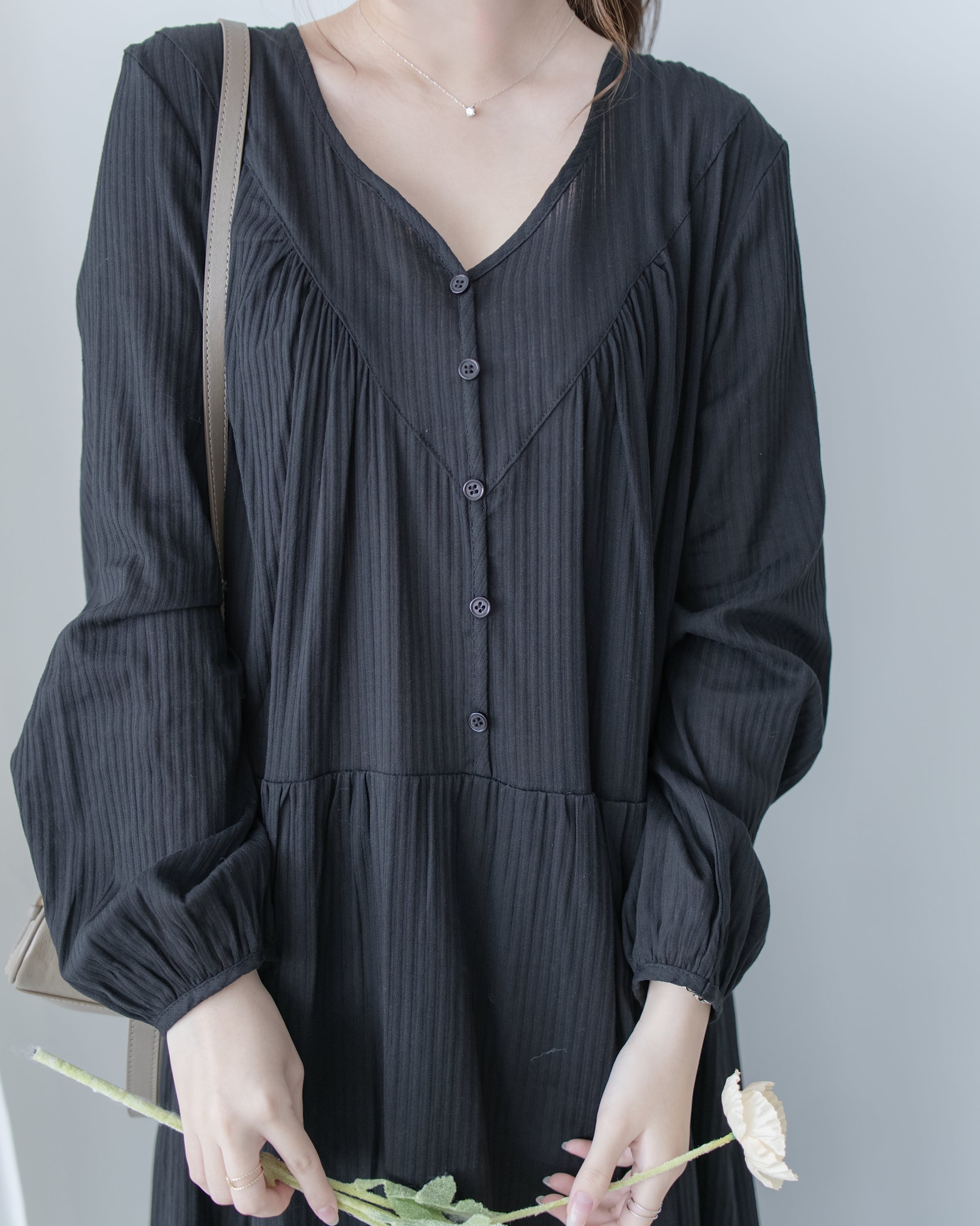 [Style 1] Stripe Cotton Lace Dress V領剪裁通花直紋長裙/ DS1071（優惠至 2月13日）