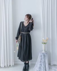 [Style 1] Stripe Cotton Lace Dress V領剪裁通花直紋長裙/ DS1071（優惠至 2月13日）