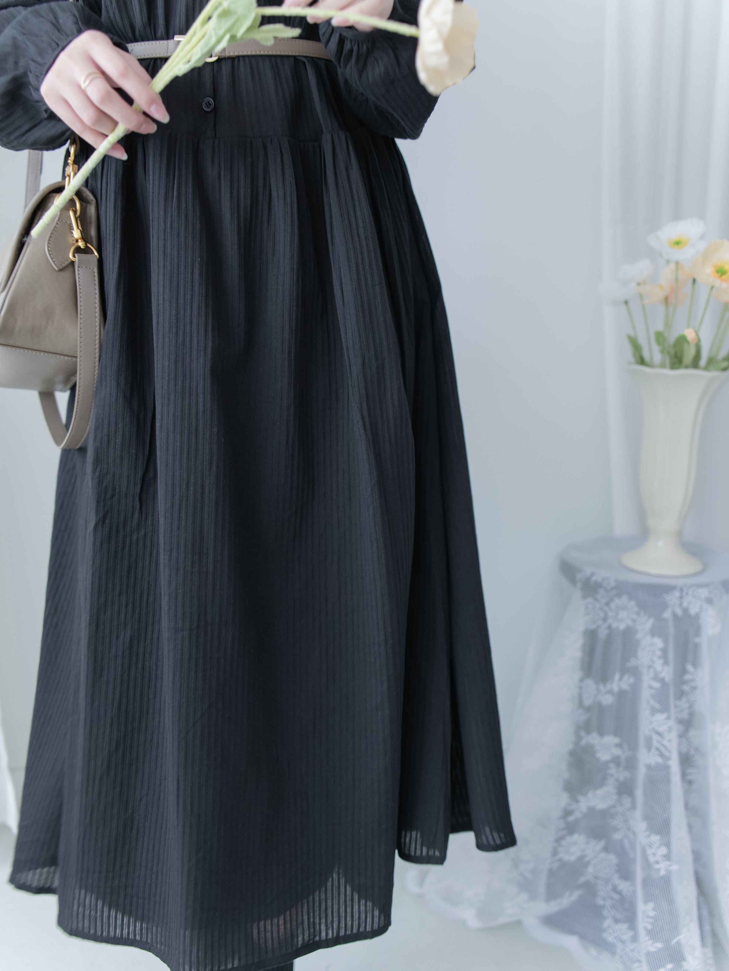 [Style 1] Stripe Cotton Lace Dress V領剪裁通花直紋長裙/ DS1071（優惠至 2月13日）