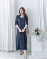 Cable-Knit Navy Dress 經典扭紋輕修腰針織連身裙/ DS1078