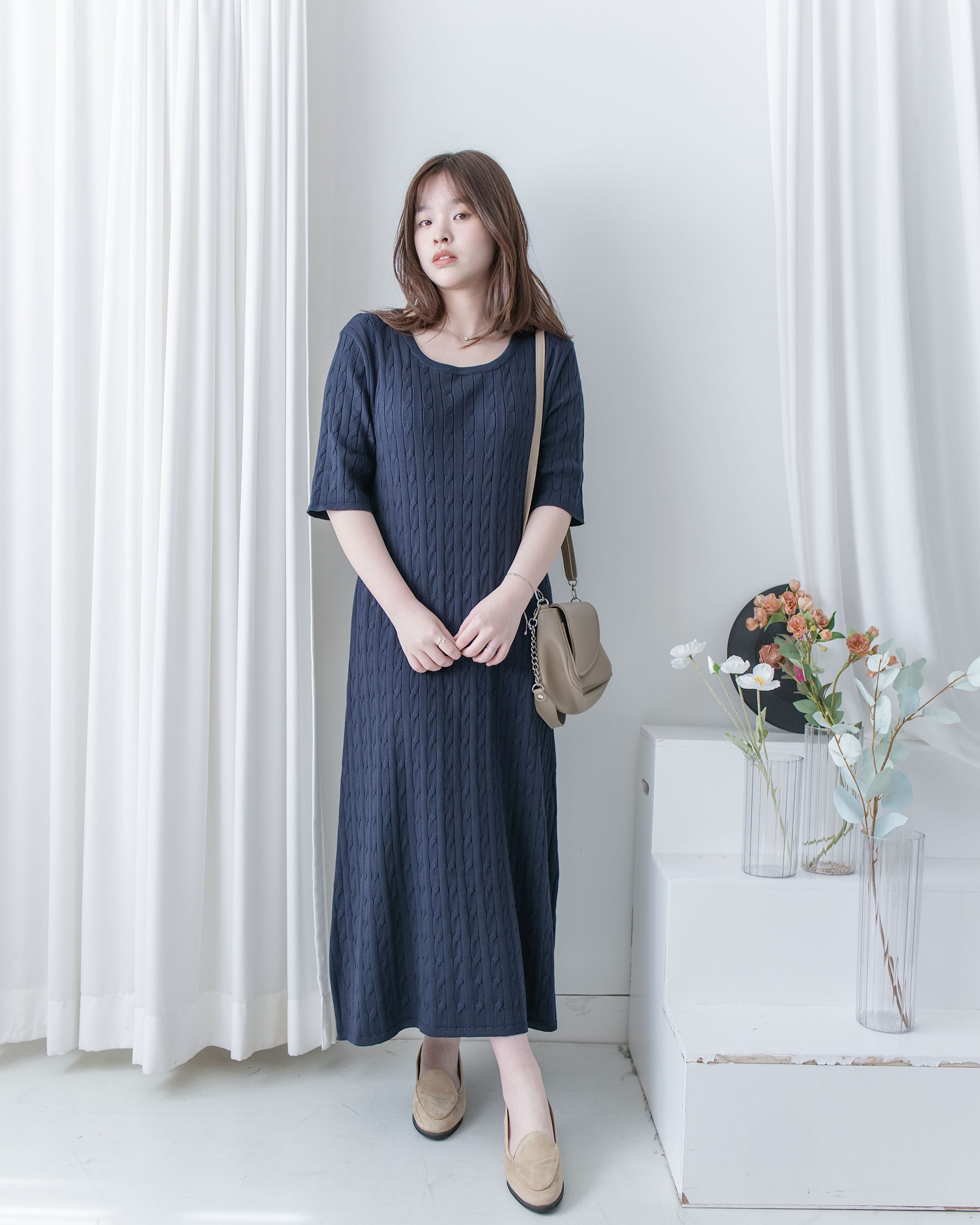 Cable-Knit Navy Dress 經典扭紋輕修腰針織連身裙/ DS1078