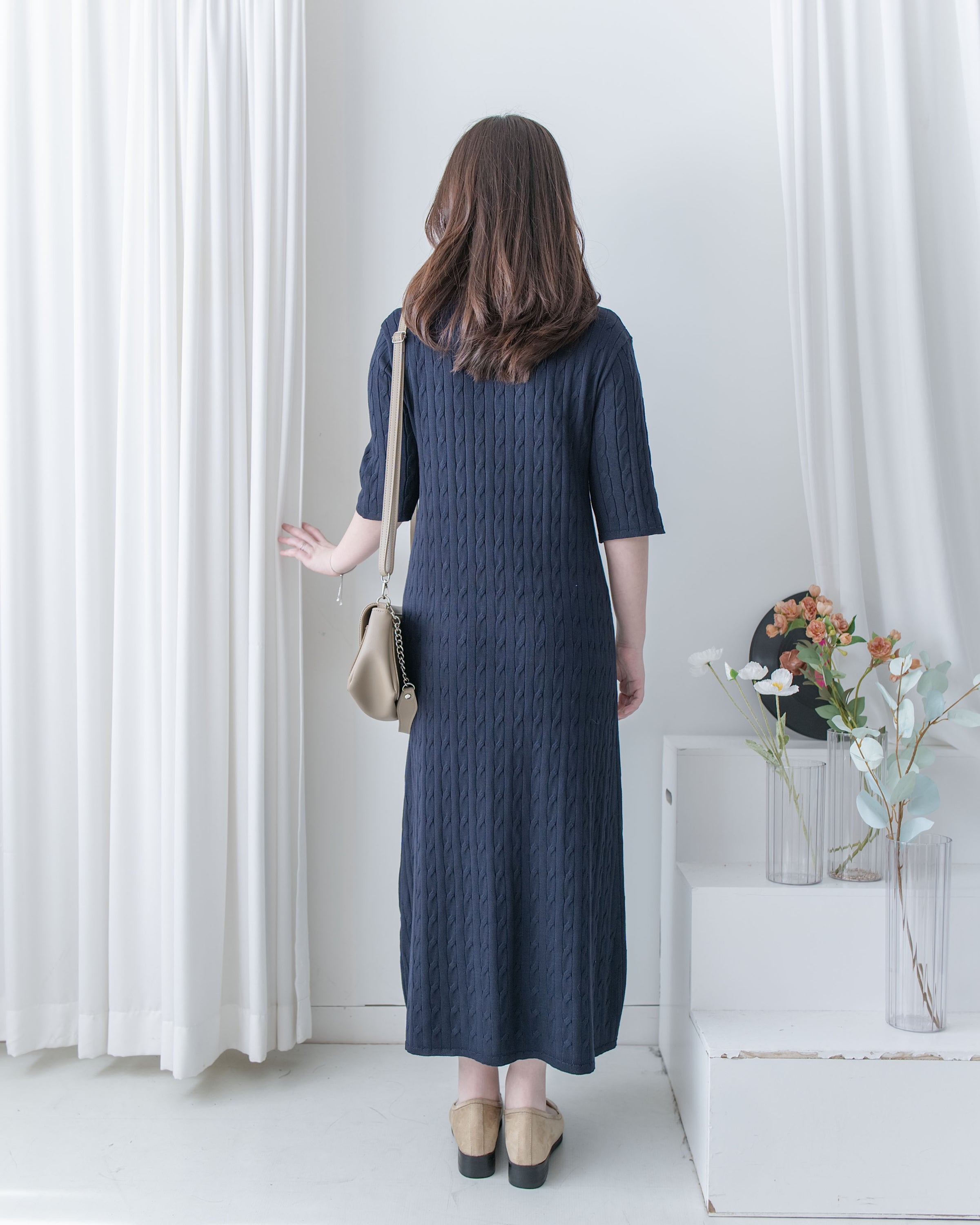 Cable-Knit Navy Dress 經典扭紋輕修腰針織連身裙/ DS1078