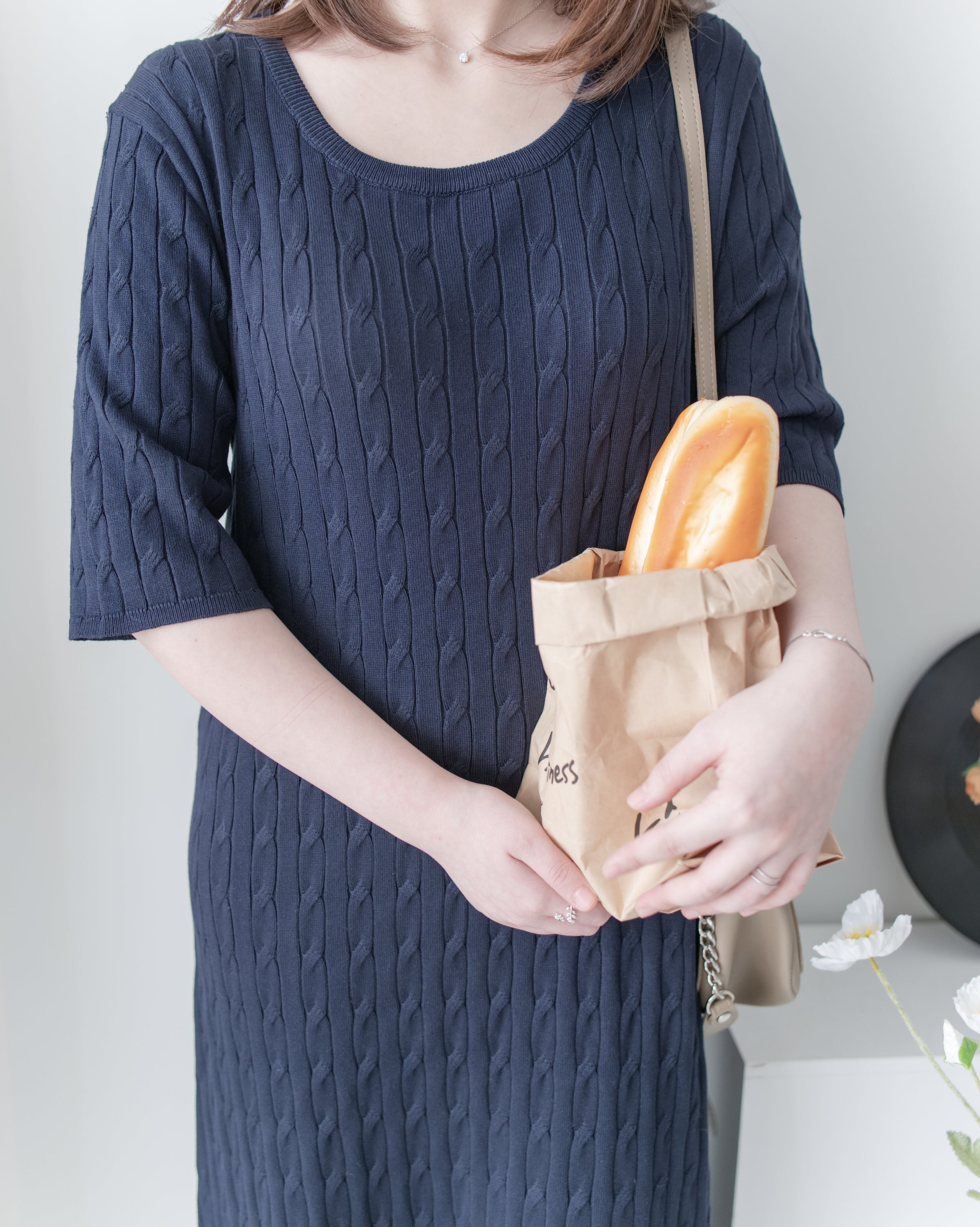 Cable-Knit Navy Dress 經典扭紋輕修腰針織連身裙/ DS1078