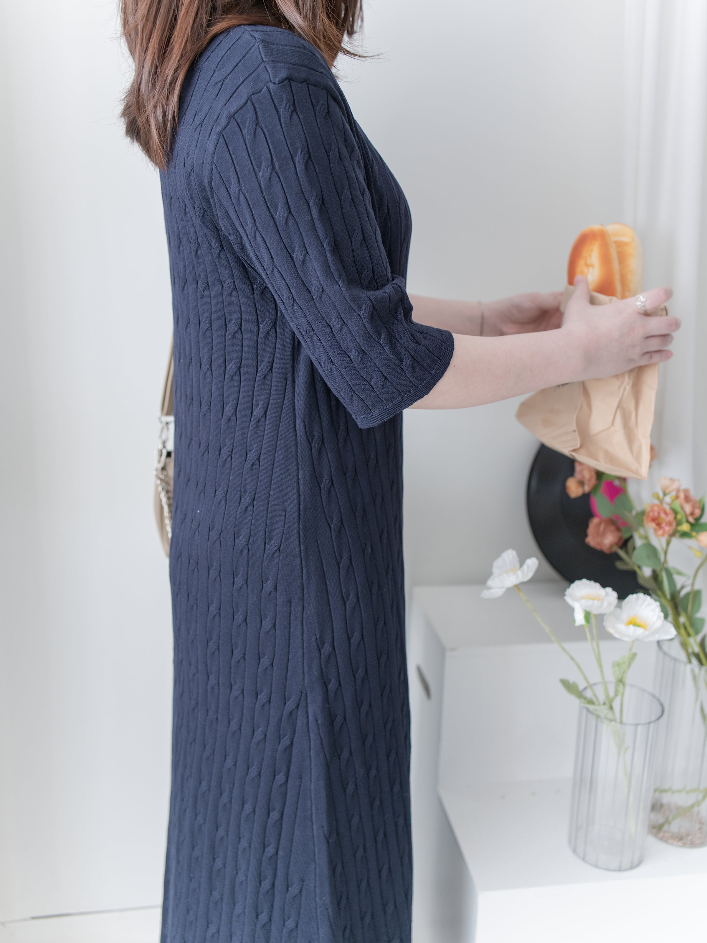 Cable-Knit Navy Dress 經典扭紋輕修腰針織連身裙/ DS1078