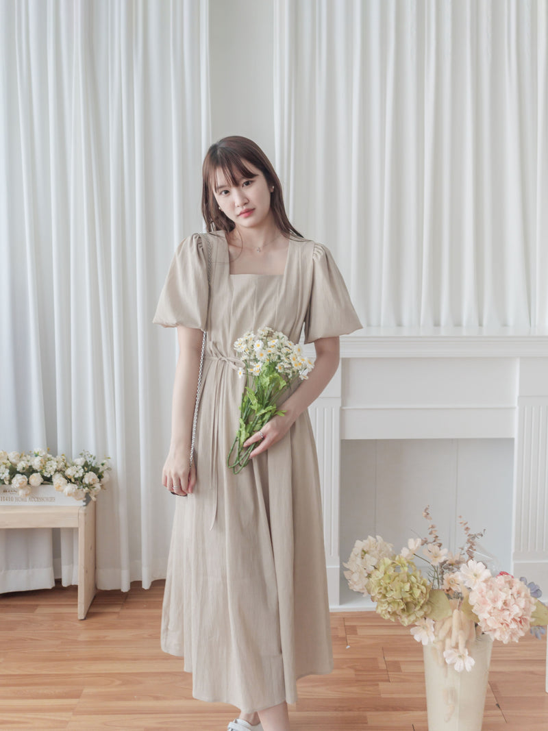 Pleated Waist 隱形橡筋小泡泡袖車褶腰身 Dress / DS9896 (pre-order beige)