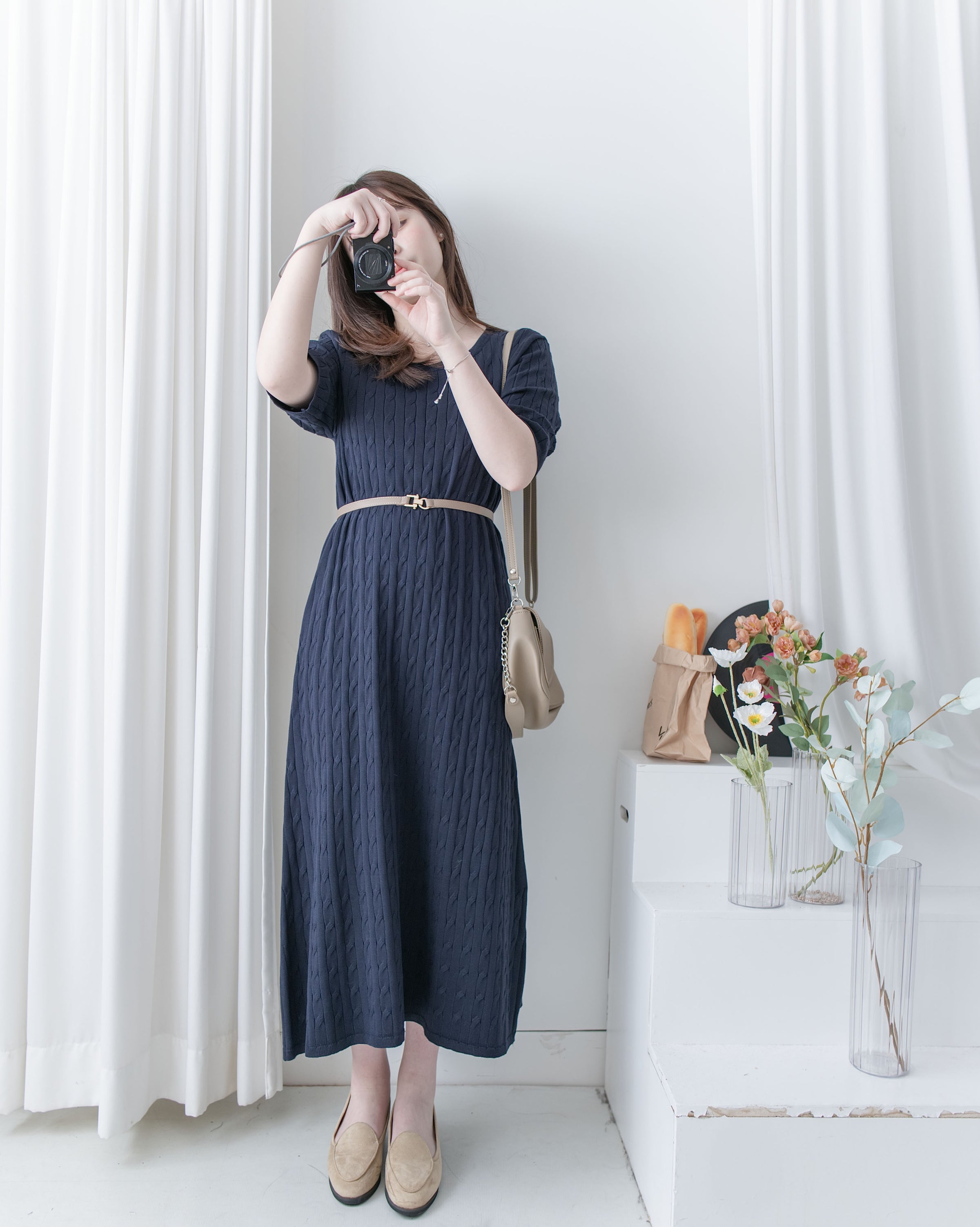 Cable-Knit Navy Dress 經典扭紋輕修腰針織連身裙/ DS1078