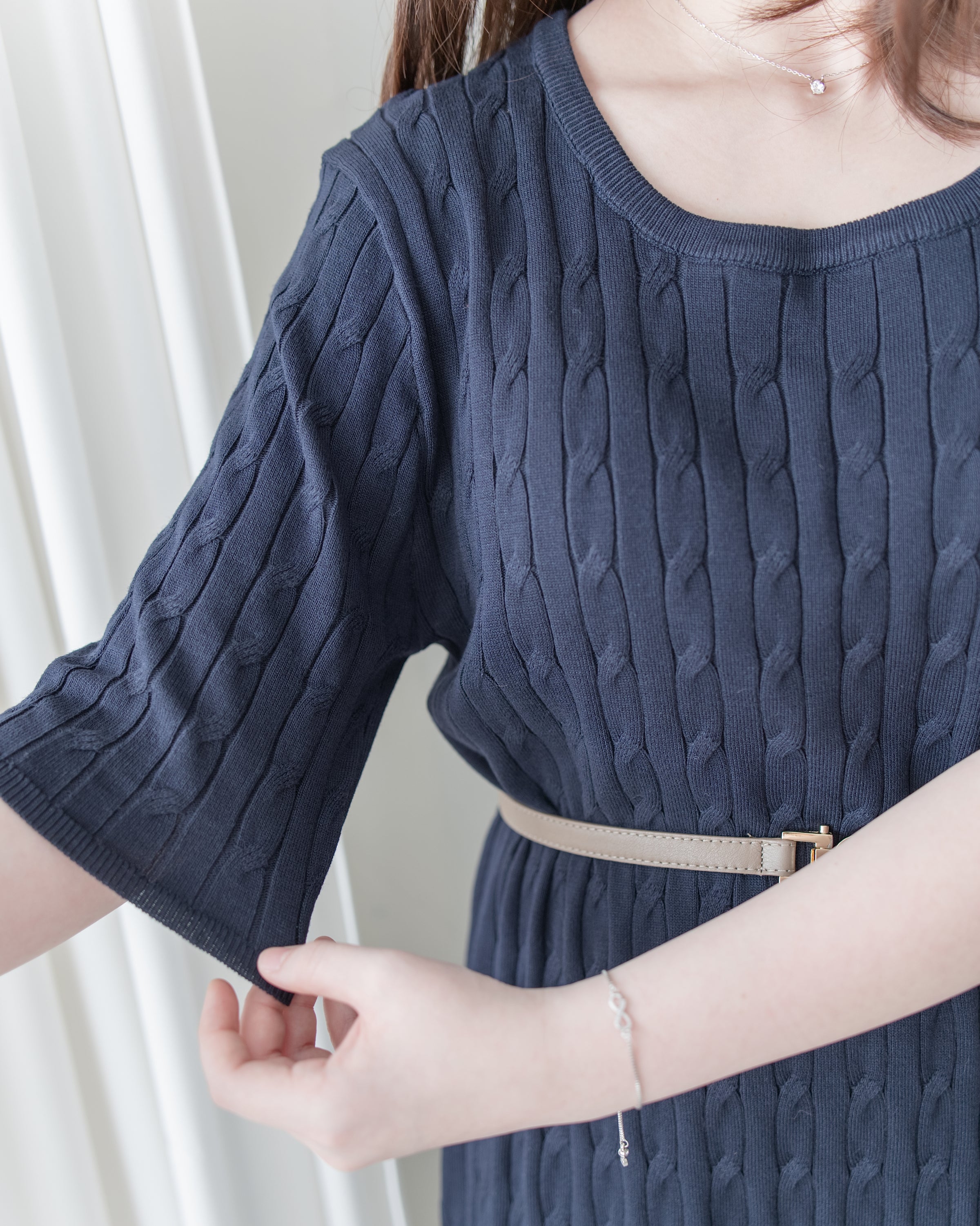 Cable-Knit Navy Dress 經典扭紋輕修腰針織連身裙/ DS1078
