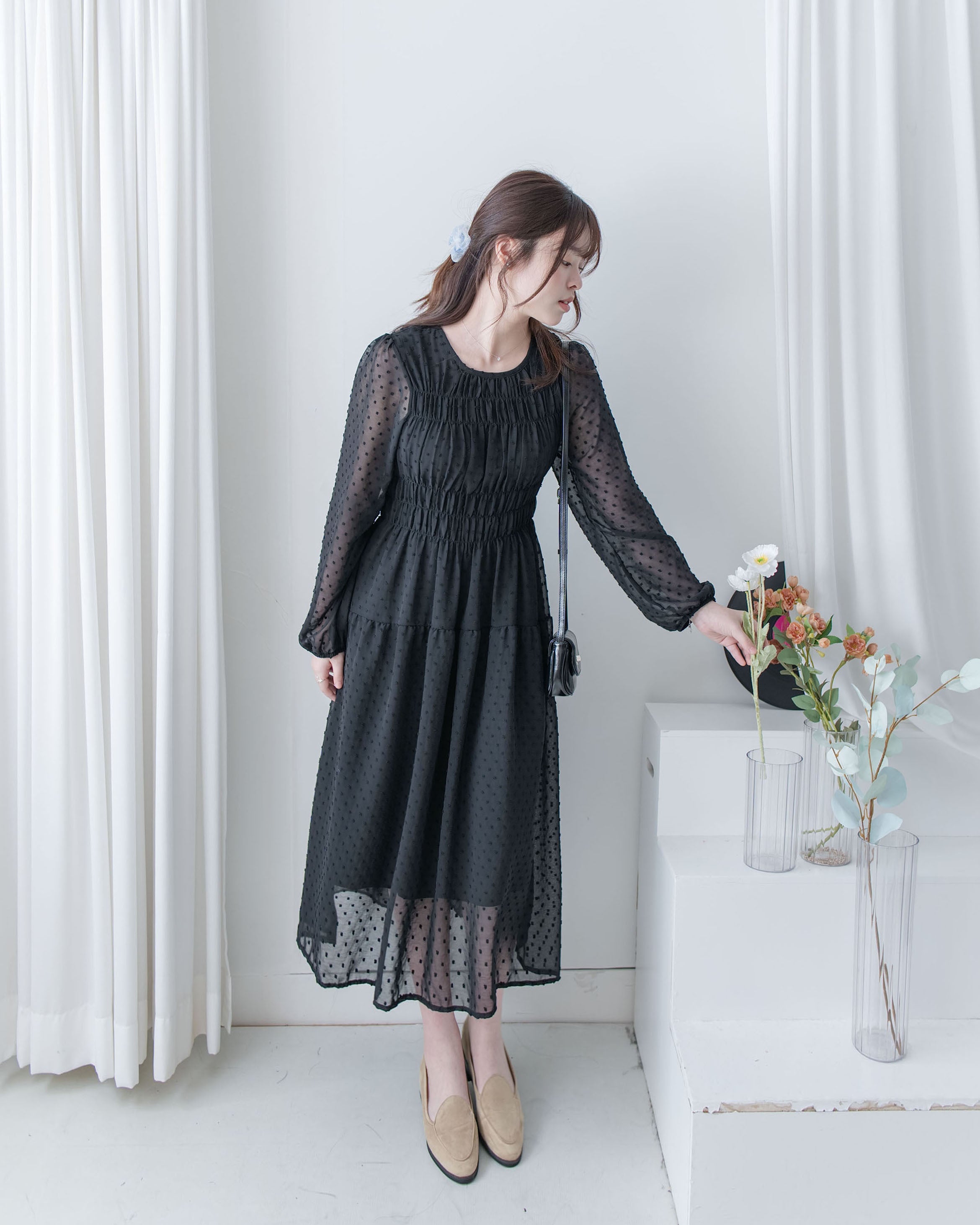 Romantic Dot Dress 浪漫立體點紋修身雪紡連身裙/ DS1073