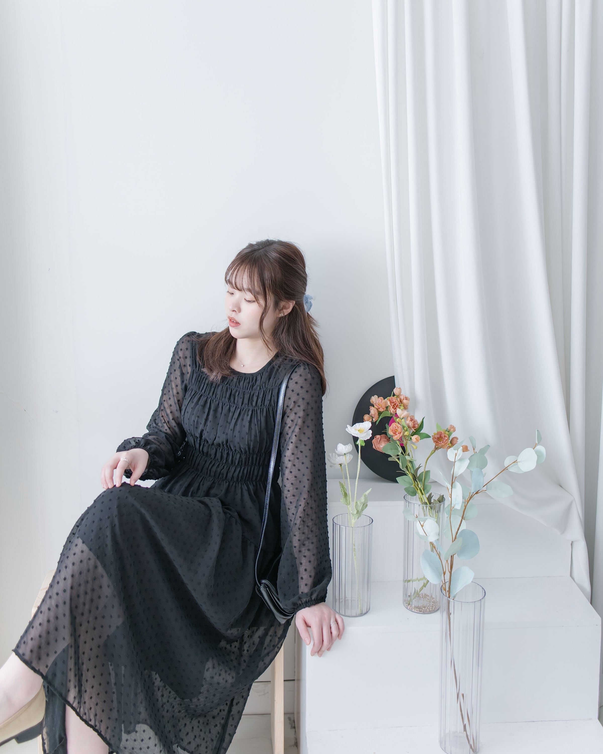 Romantic Dot Dress 浪漫立體點紋修身雪紡連身裙/ DS1073