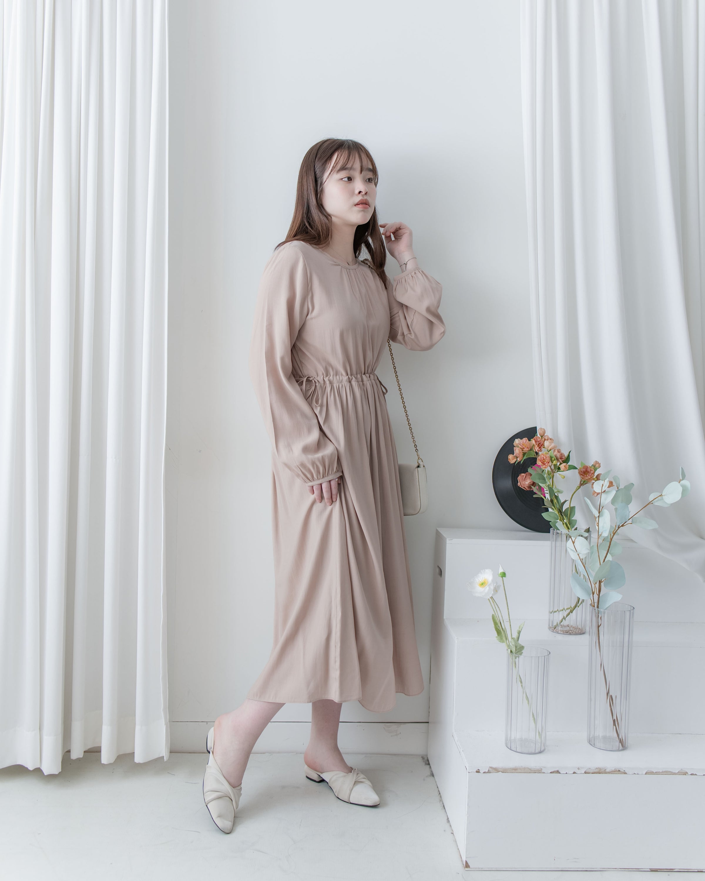 Luminous Dress 極致絲光棉顯瘦圓領蝴蝶修腰長裙/ DS1080