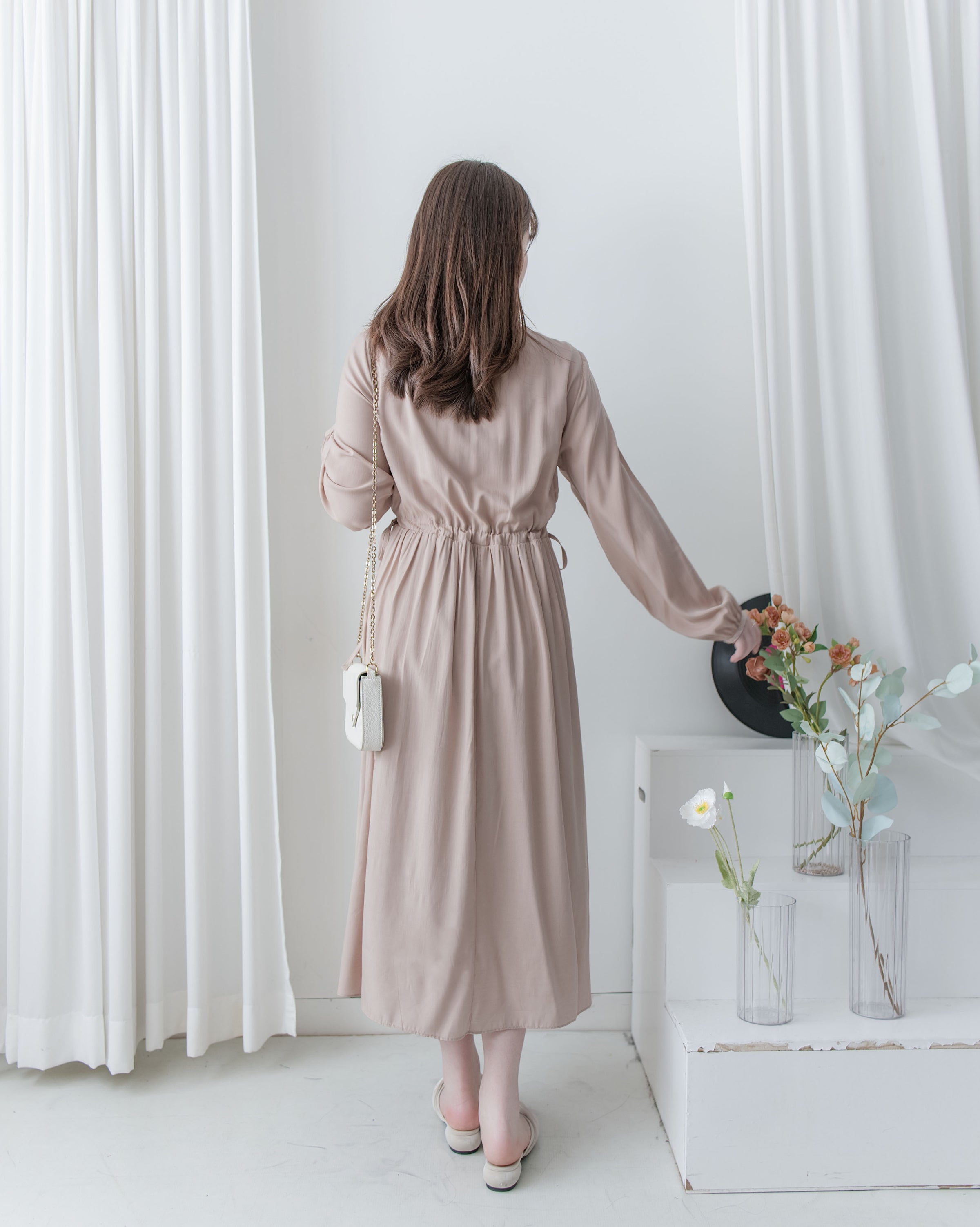 Luminous Dress 極致絲光棉顯瘦圓領蝴蝶修腰長裙/ DS1080