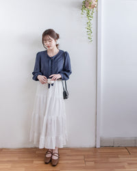 PolkaDot Scarf Blouse 光澤感小點V領綁結微短上衣/ BU9130