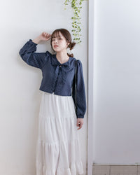 PolkaDot Scarf Blouse 光澤感小點V領綁結微短上衣/ BU9130