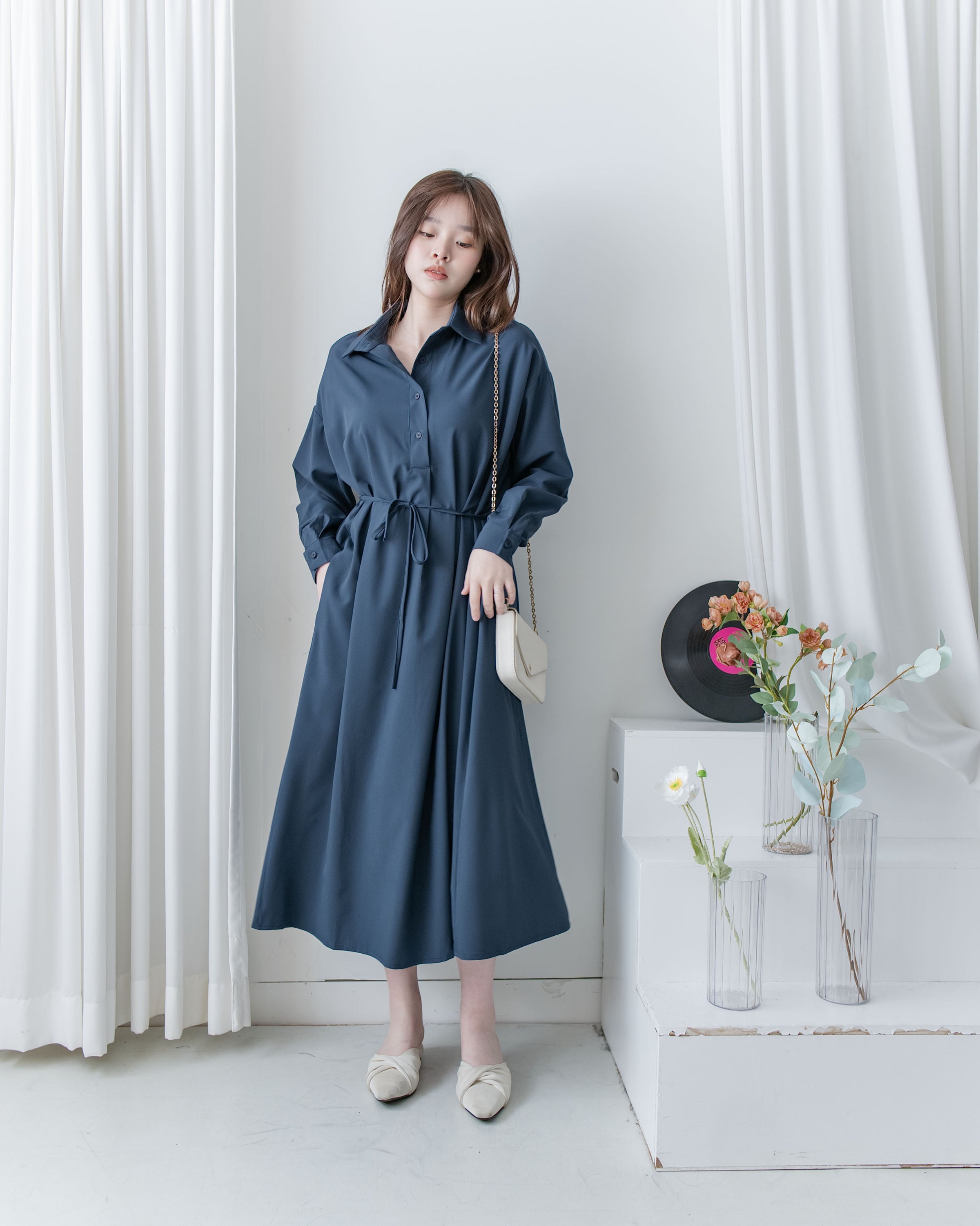 Navy Dress 深藍修腰口袋恤衫裙/ DS1072