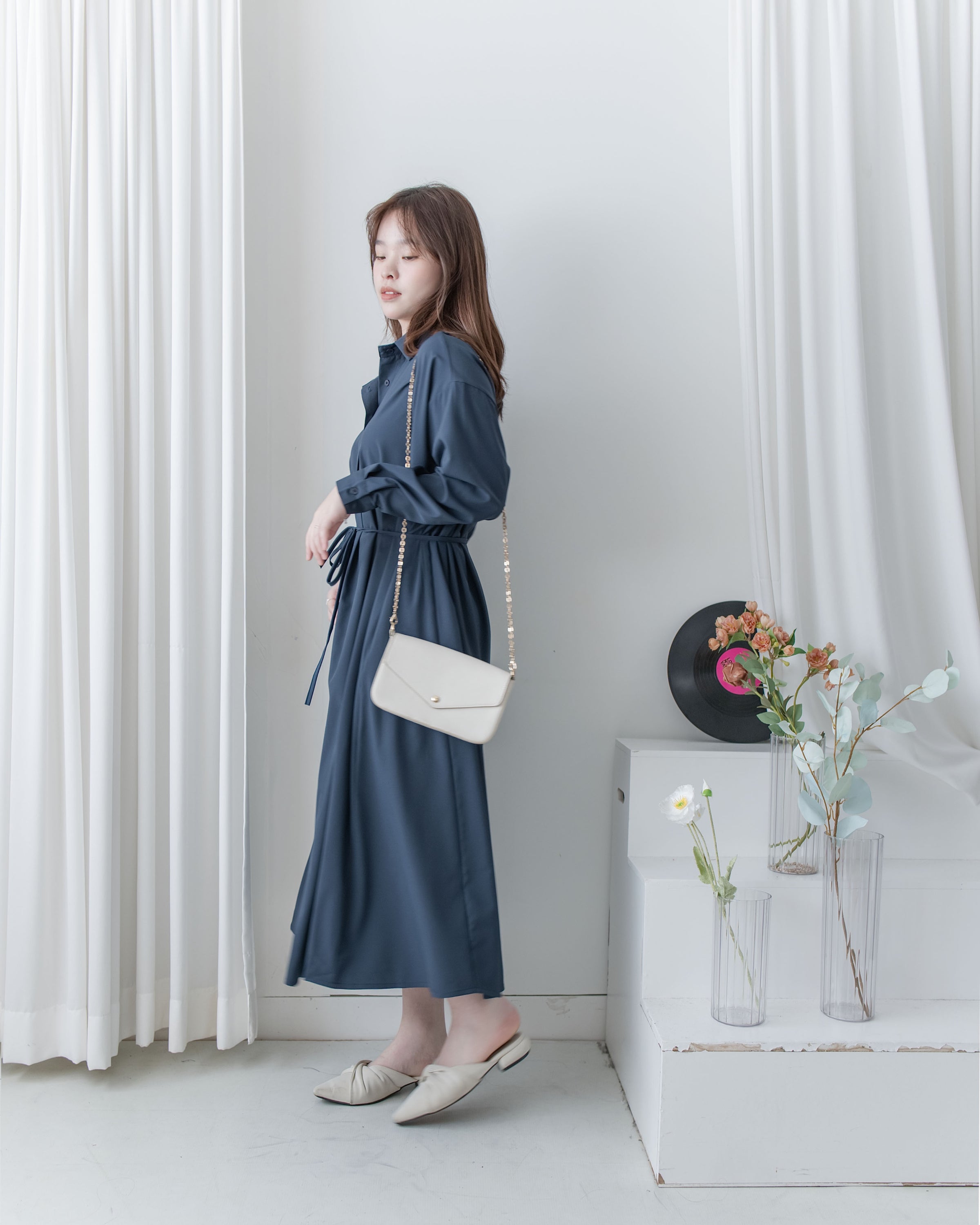 Navy Dress 深藍修腰口袋恤衫裙/ DS1072
