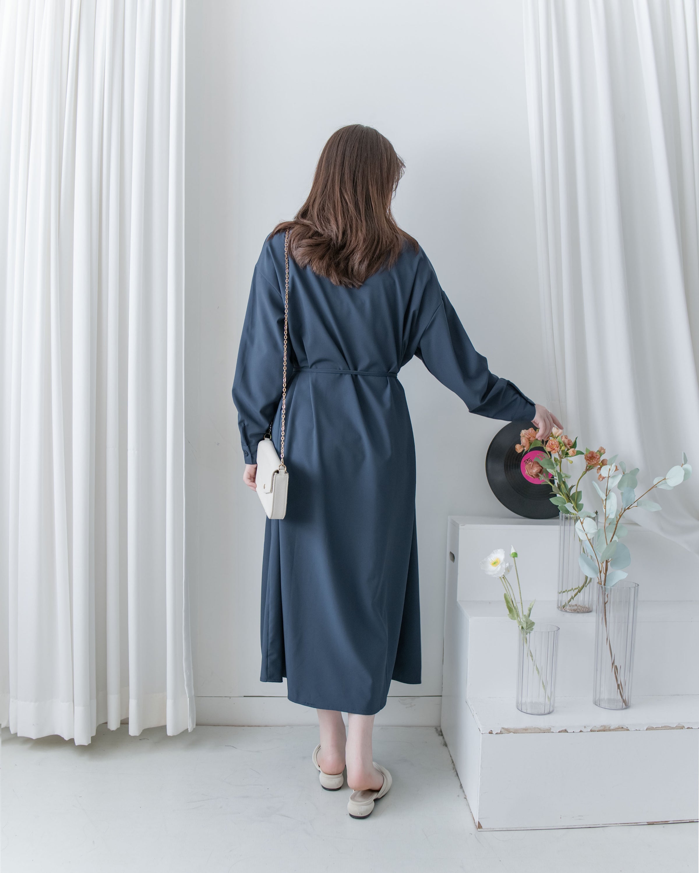 Navy Dress 深藍修腰口袋恤衫裙/ DS1072