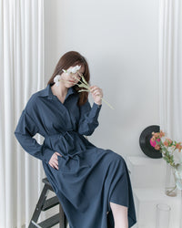 Navy Dress 深藍修腰口袋恤衫裙/ DS1072