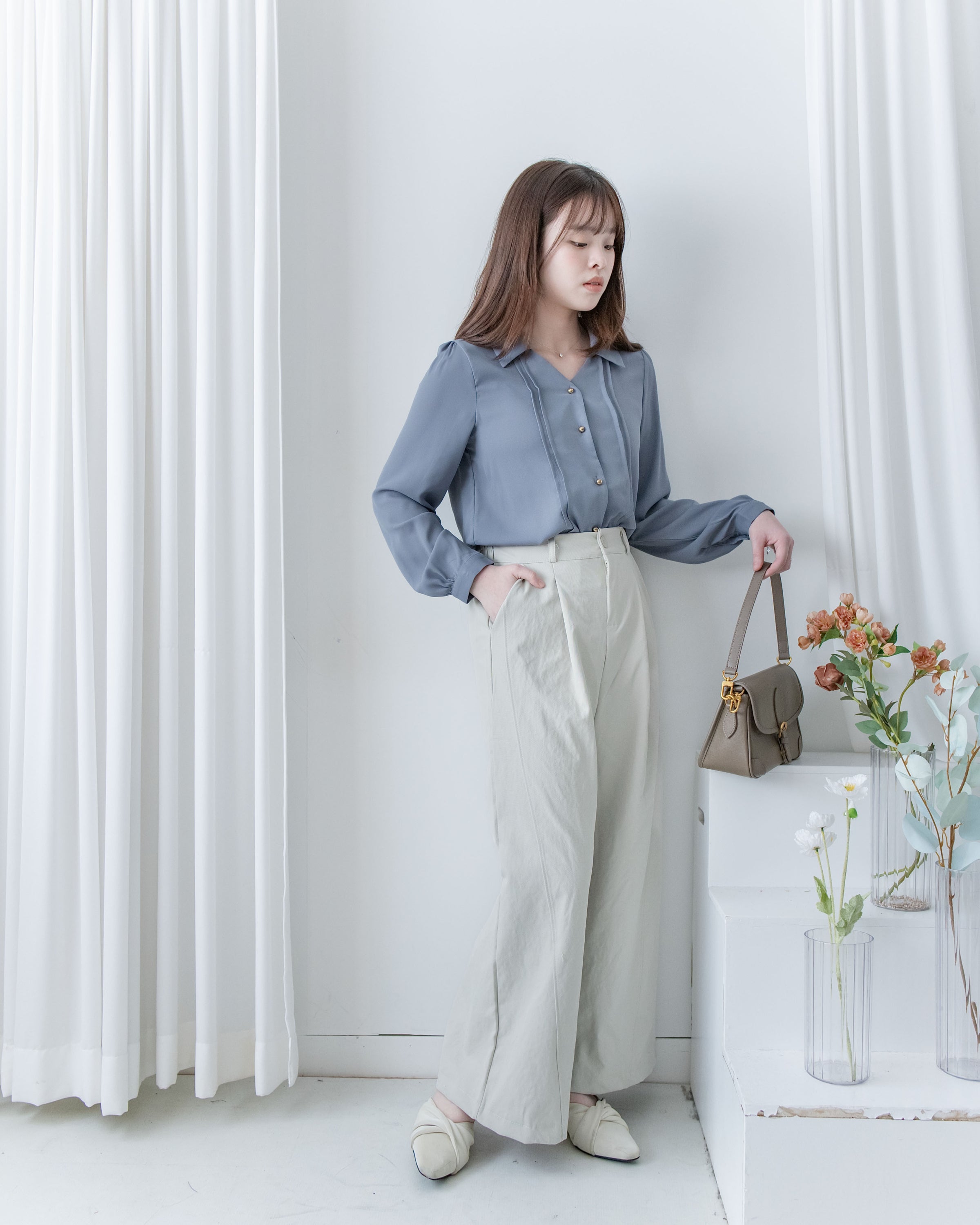 Stitched-Line Pants 棉質立體車線顯瘦寬腿西褲/ PT8477 (pre-order black)