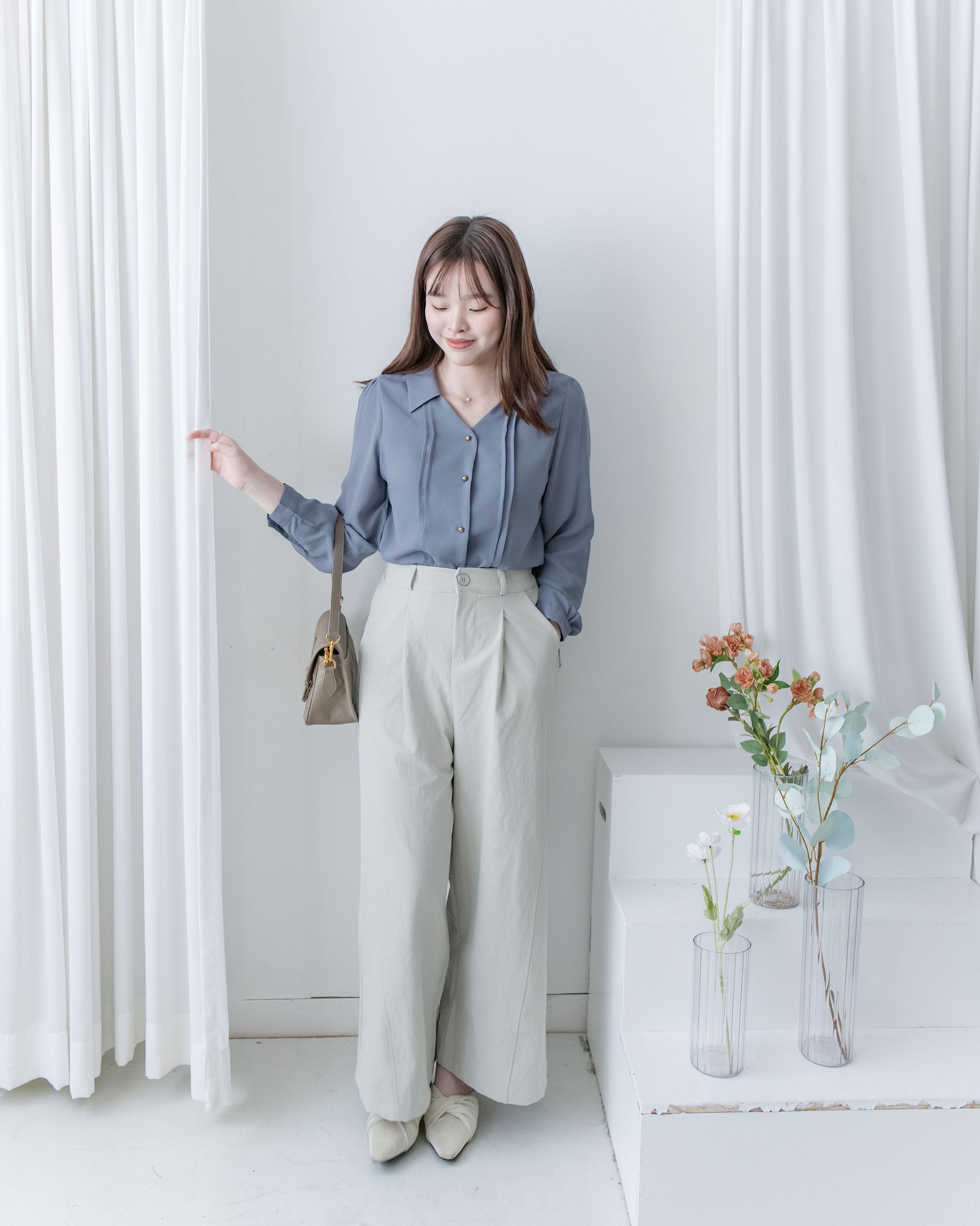 Stitched-Line Pants 棉質立體車線顯瘦寬腿西褲/ PT8477 (pre-order black)