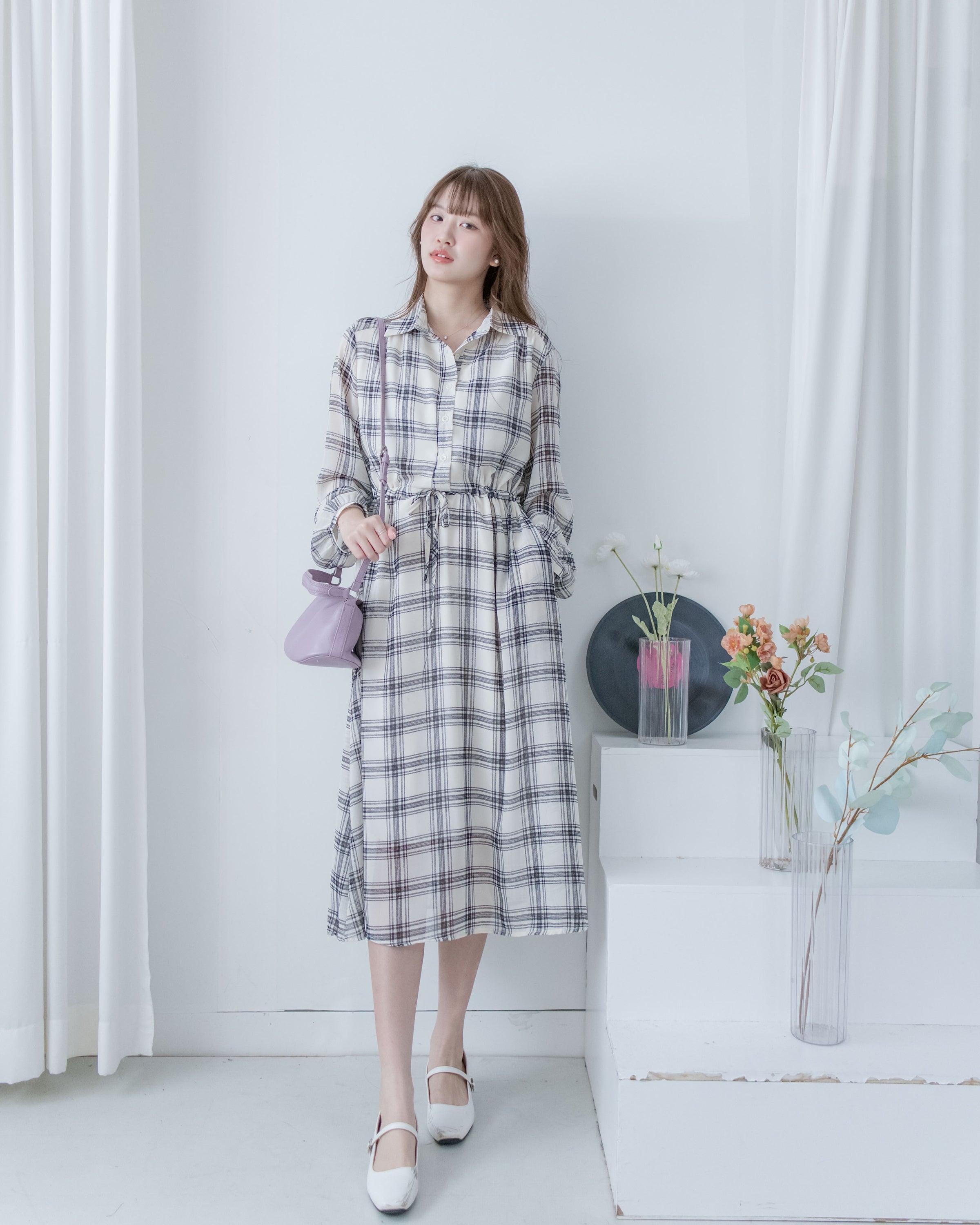 Chiffon Checked Dress 雪紡格紋修腰口袋連身裙/ DS1079