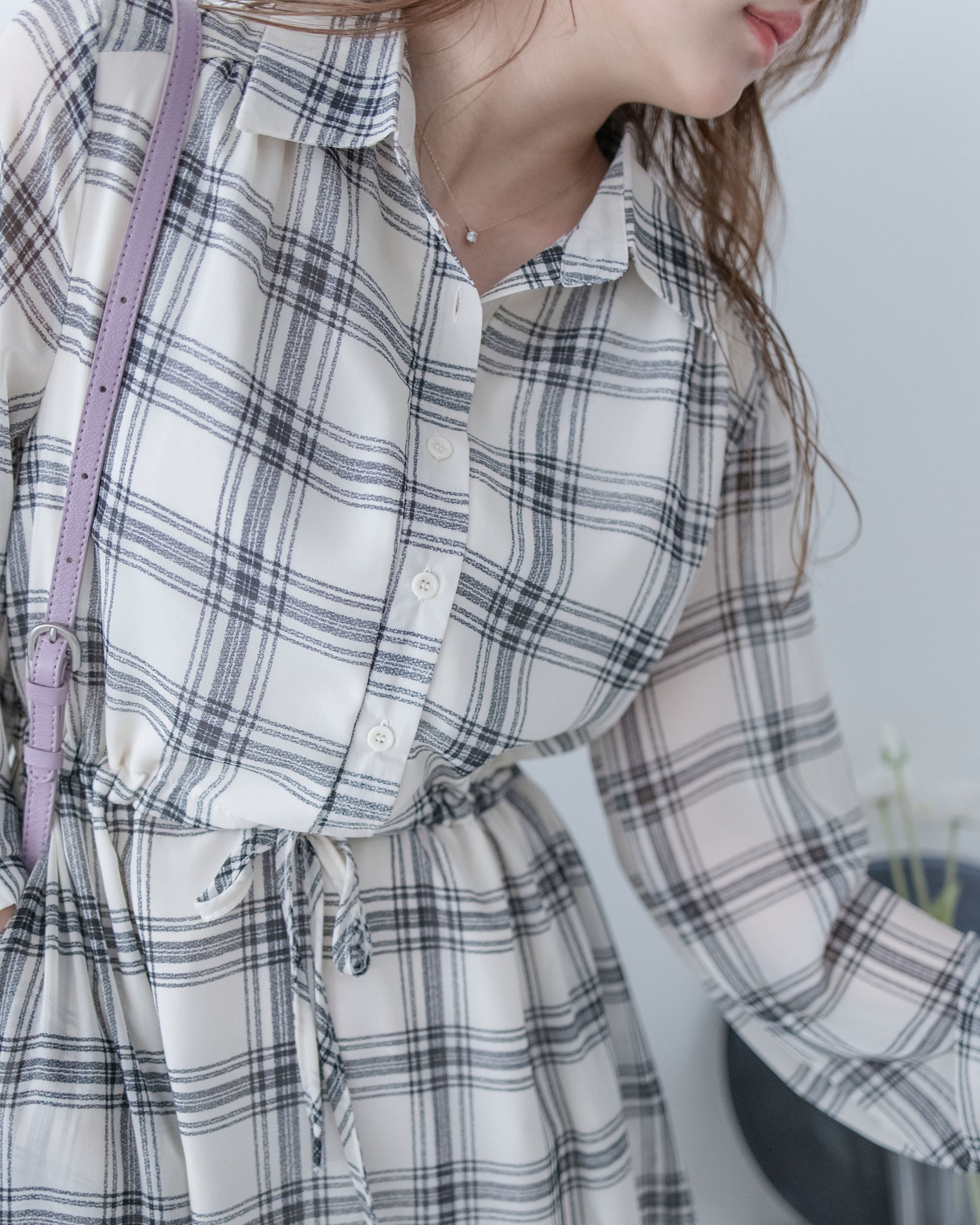 Chiffon Checked Dress 雪紡格紋修腰口袋連身裙/ DS1079