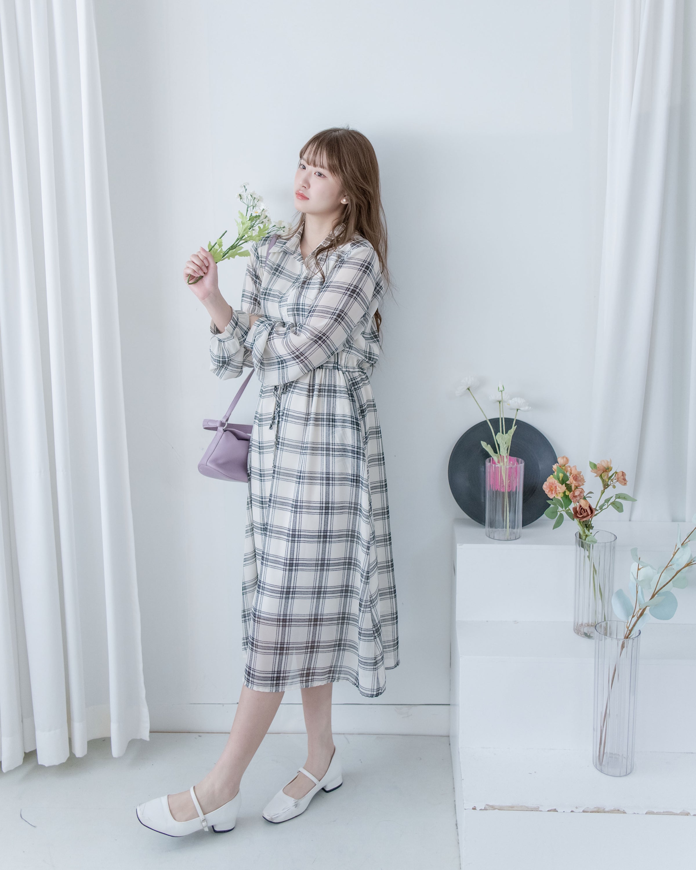 Chiffon Checked Dress 雪紡格紋修腰口袋連身裙/ DS1079