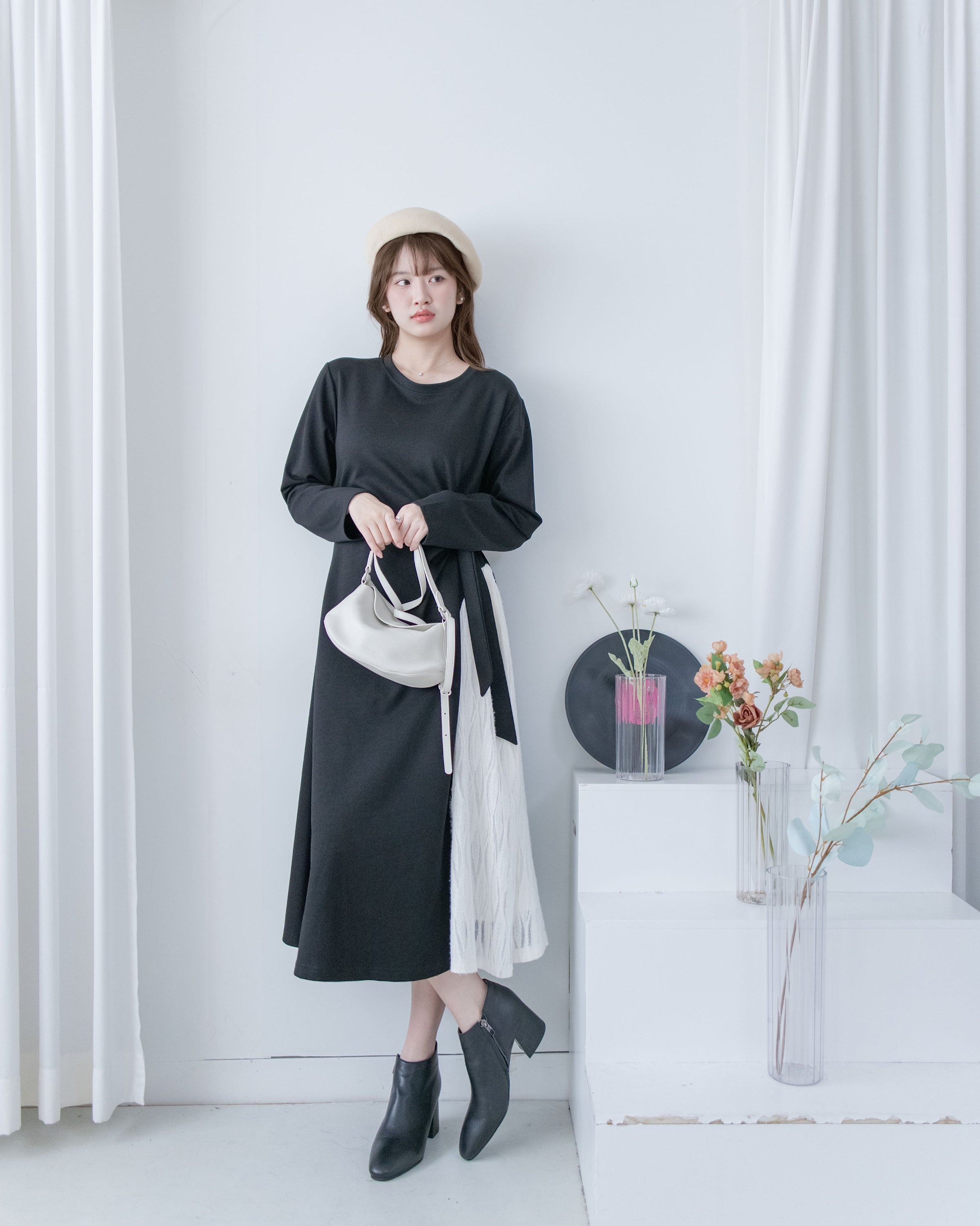 Feather Spliced Dress  立體細褶拼色羽毛紋理側修腰連身裙/ DS1065