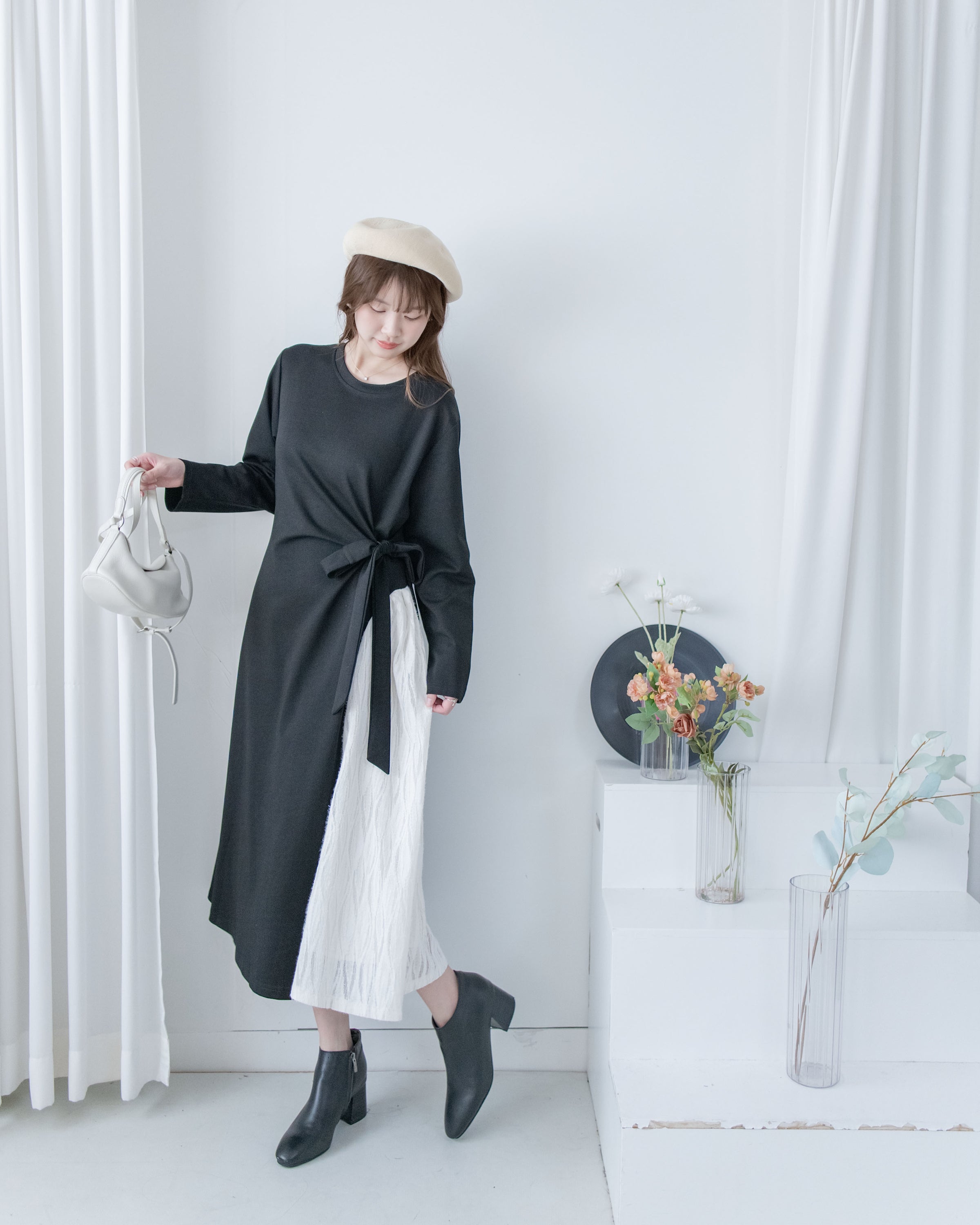 Feather Spliced Dress  立體細褶拼色羽毛紋理側修腰連身裙/ DS1065