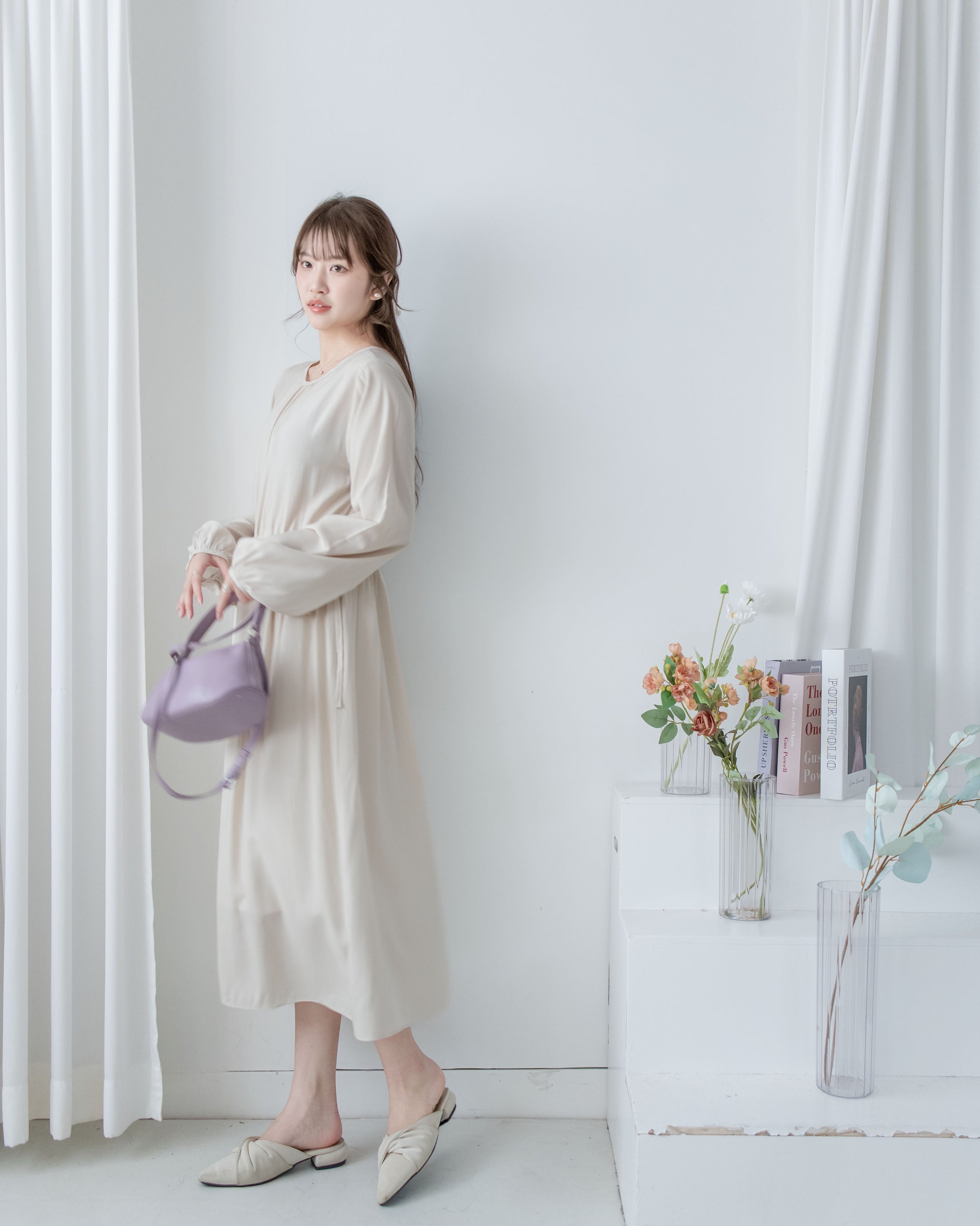 Luminous Dress 極致絲光棉顯瘦圓領蝴蝶修腰長裙/ DS1080