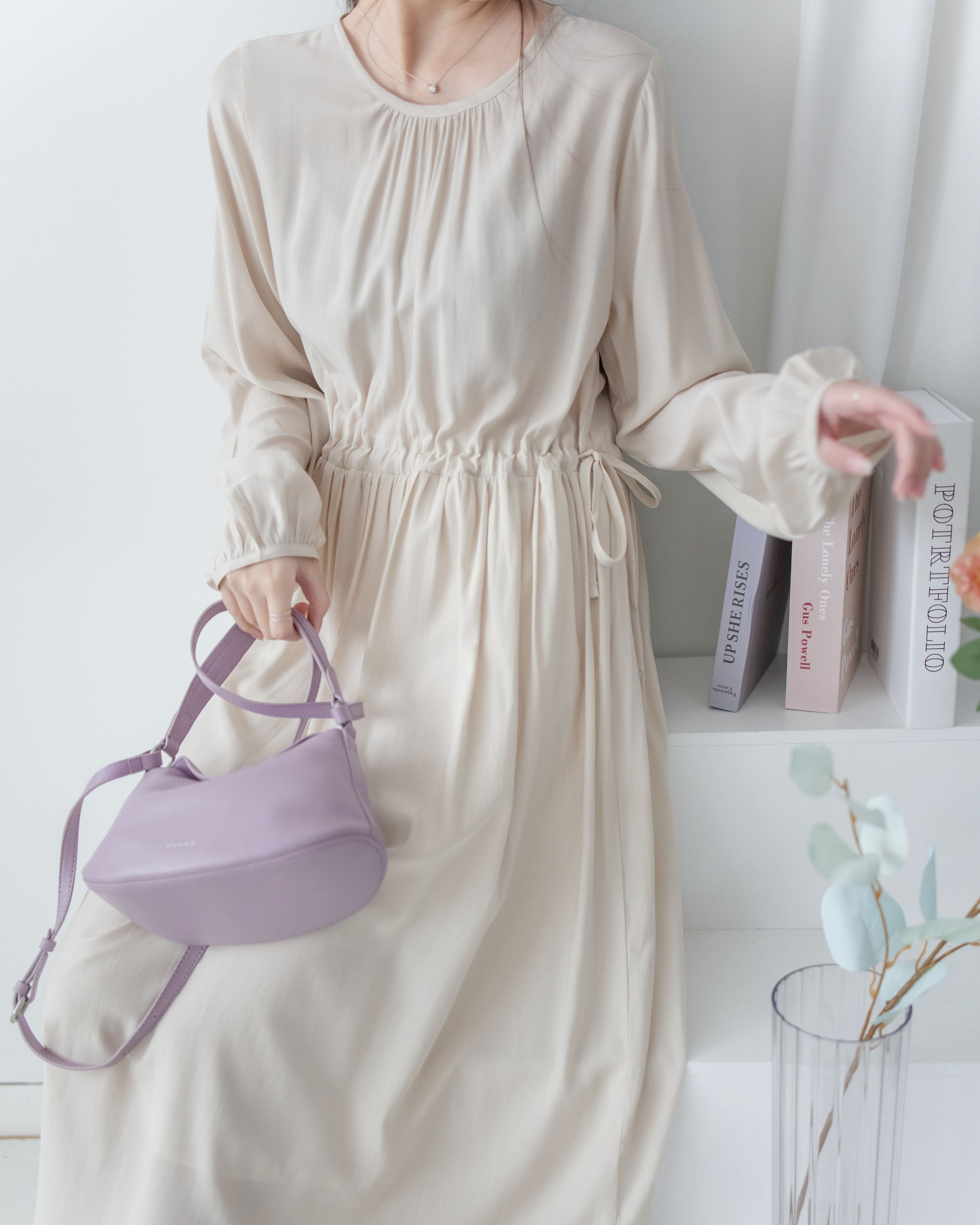 Luminous Dress 極致絲光棉顯瘦圓領蝴蝶修腰長裙/ DS1080