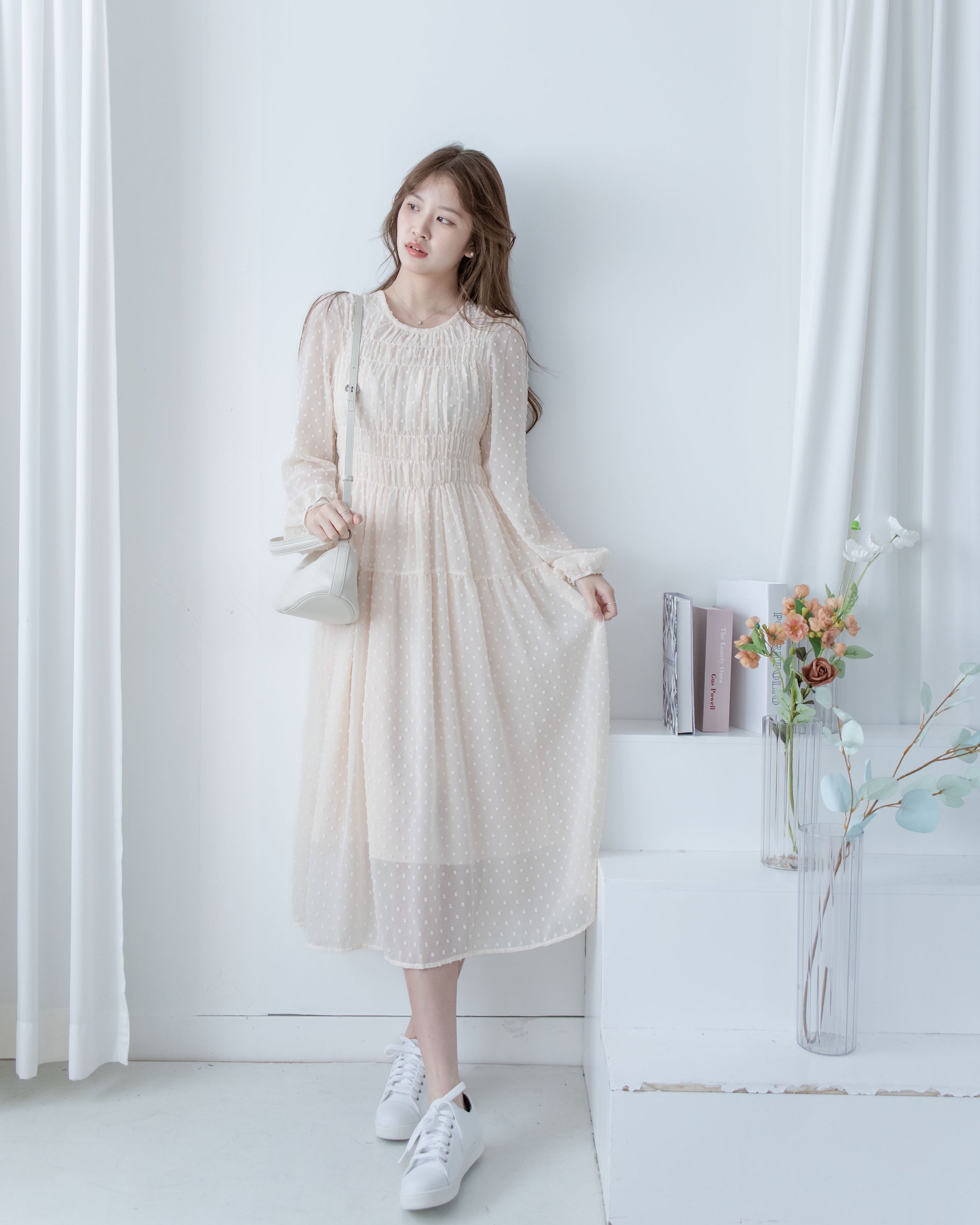 Romantic Dot Dress 浪漫立體點紋修身雪紡連身裙/ DS1073