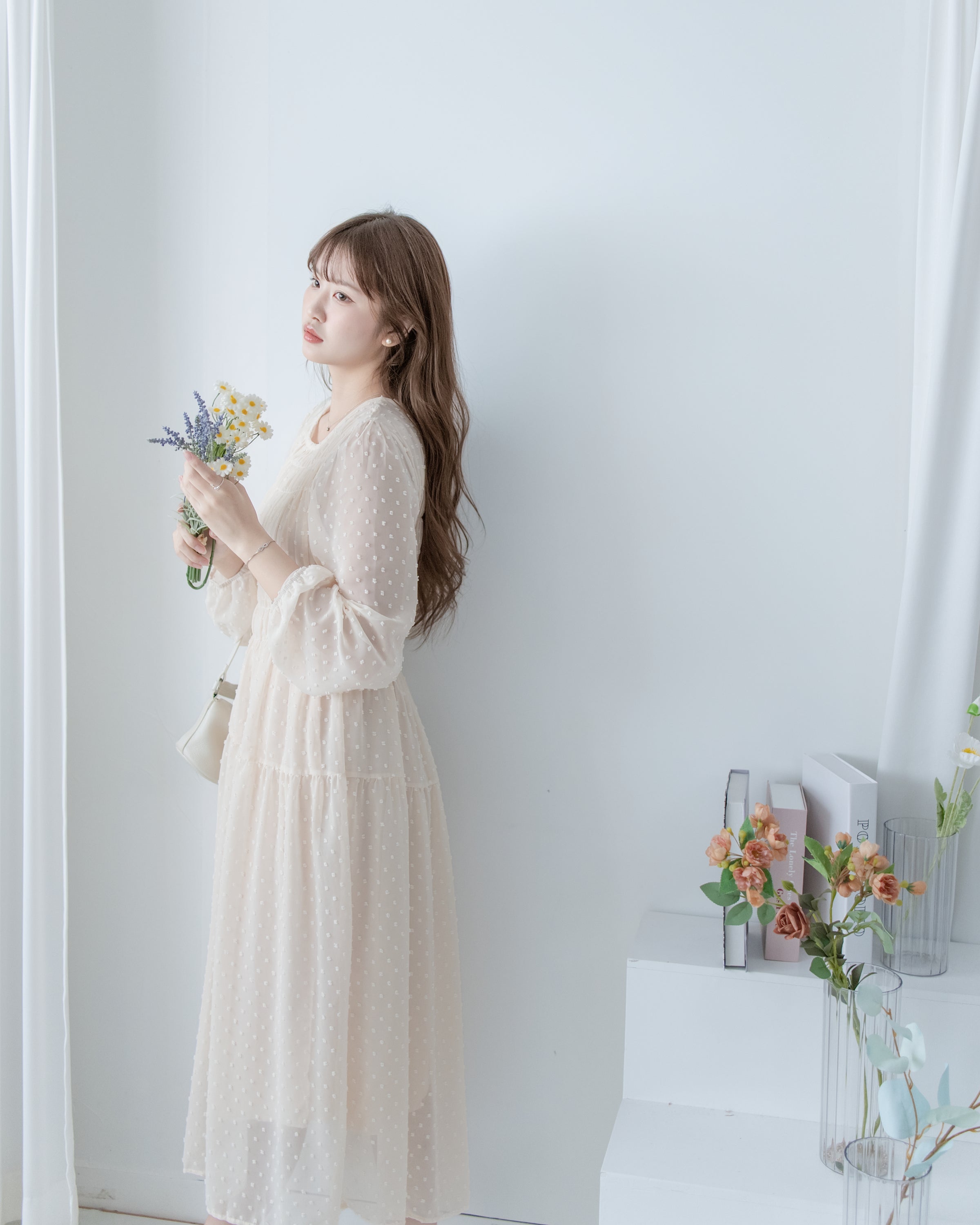 Romantic Dot Dress 浪漫立體點紋修身雪紡連身裙/ DS1073