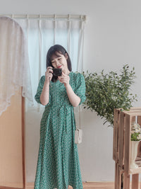 Shadow Floral V領單色簡約印花前修腰 Dress/ DS9903