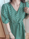 Shadow Floral V領單色簡約印花前修腰 Dress/ DS9903