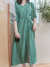 Shadow Floral V領單色簡約印花前修腰 Dress/ DS9903