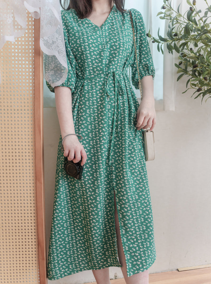 Shadow Floral V領單色簡約印花前修腰 Dress/ DS9903
