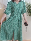 Shadow Floral V領單色簡約印花前修腰 Dress/ DS9903