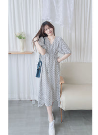 Shadow Floral V領單色簡約印花前修腰 Dress/ DS9903