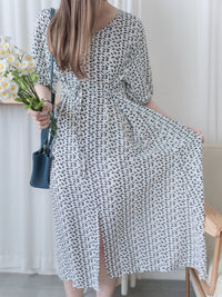 Shadow Floral V領單色簡約印花前修腰 Dress/ DS9903