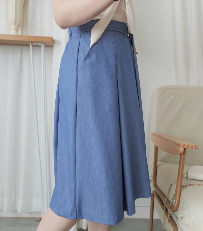 Denim 光澤牛仔色腰帶造形後橡筋 Skirt/ SK8885