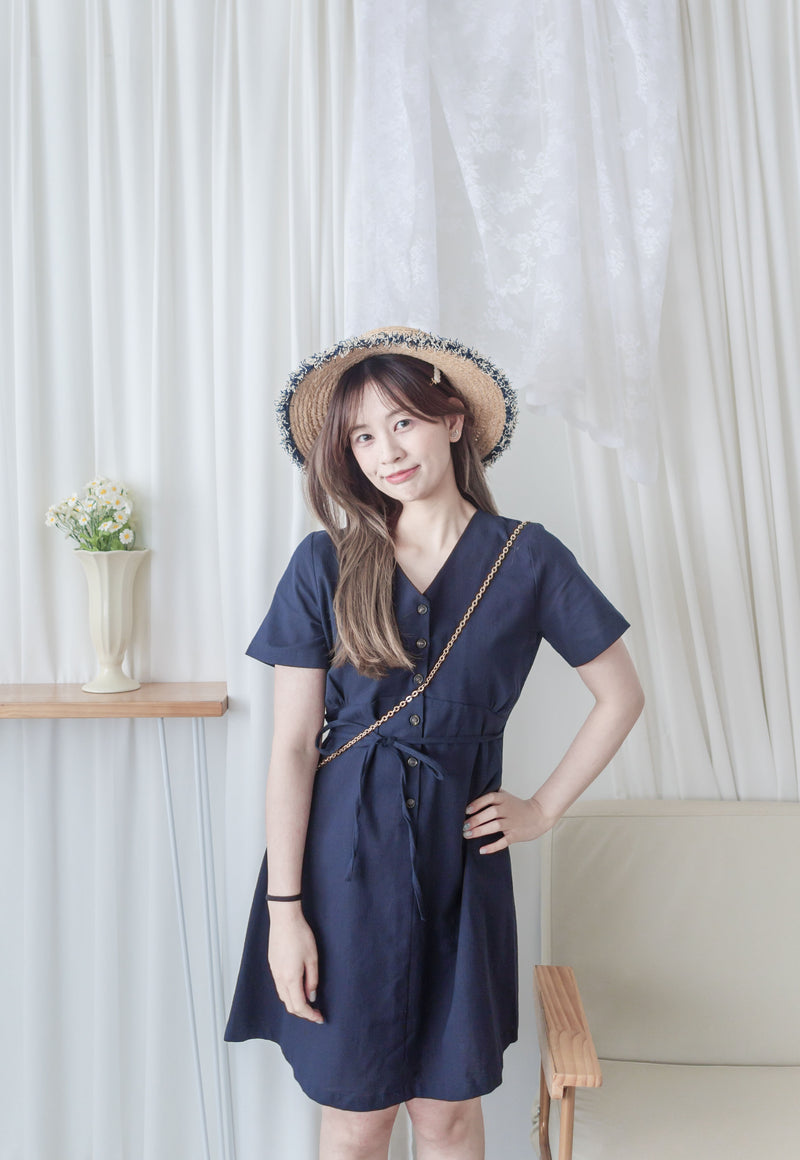 Linen 麻棉顯瘦弧腰線連身裙 Dress/ DS9909 (Beige/Mustard soldout)